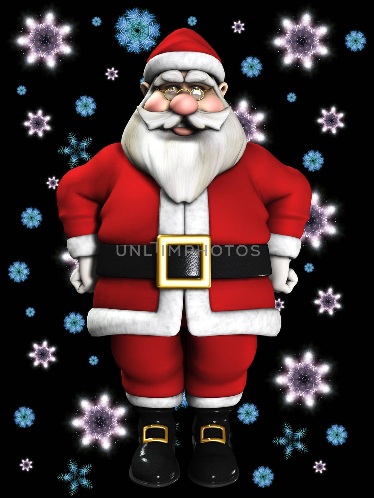 Santa Claus with lots of snowflakes falling in the background