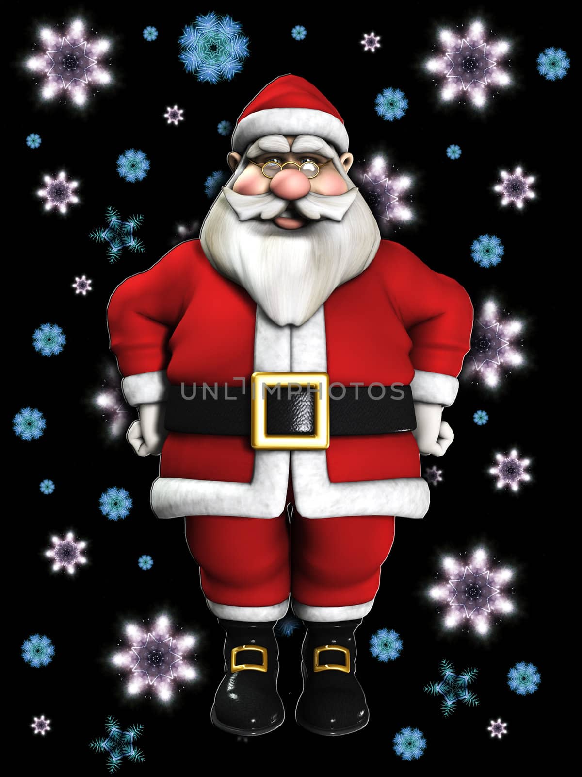 Santa Claus with lots of snowflakes falling in the background