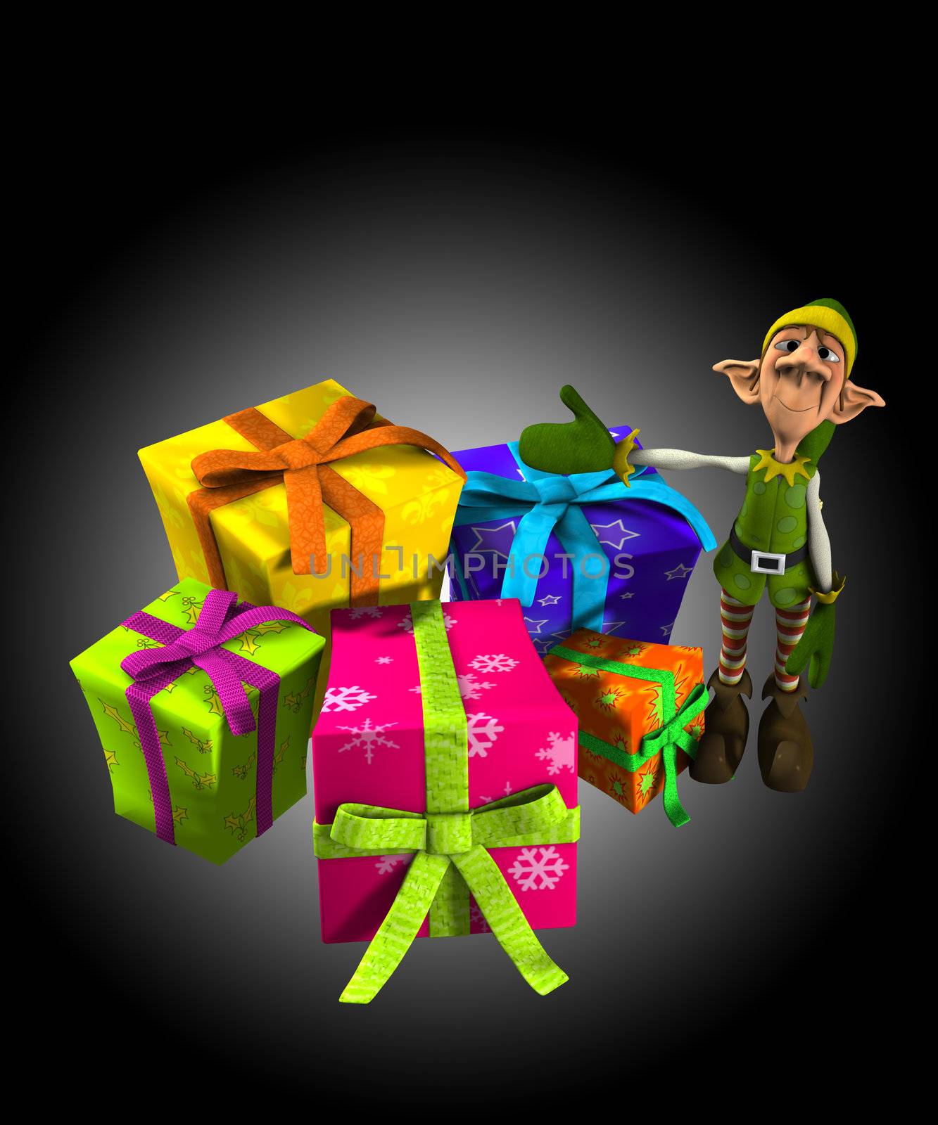 Elf with a lot of Christmas presents.
