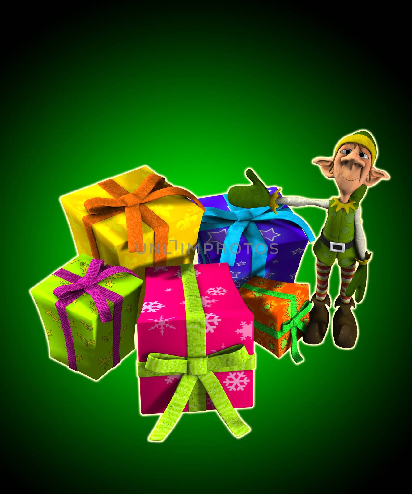 Elf with a lot of Christmas presents.