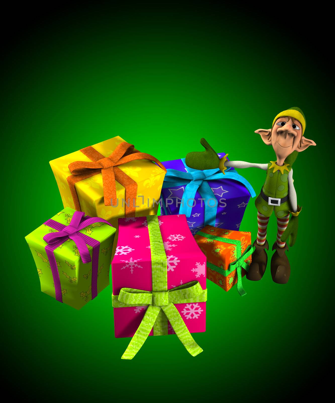 Elf with a lot of Christmas presents.