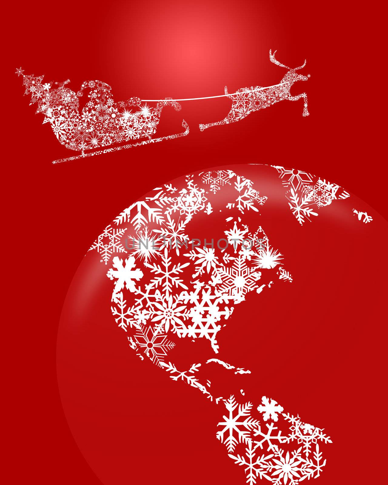 Christmas in Sleigh with Reindeer over Earth Globe Clipart Illustration on Red Background