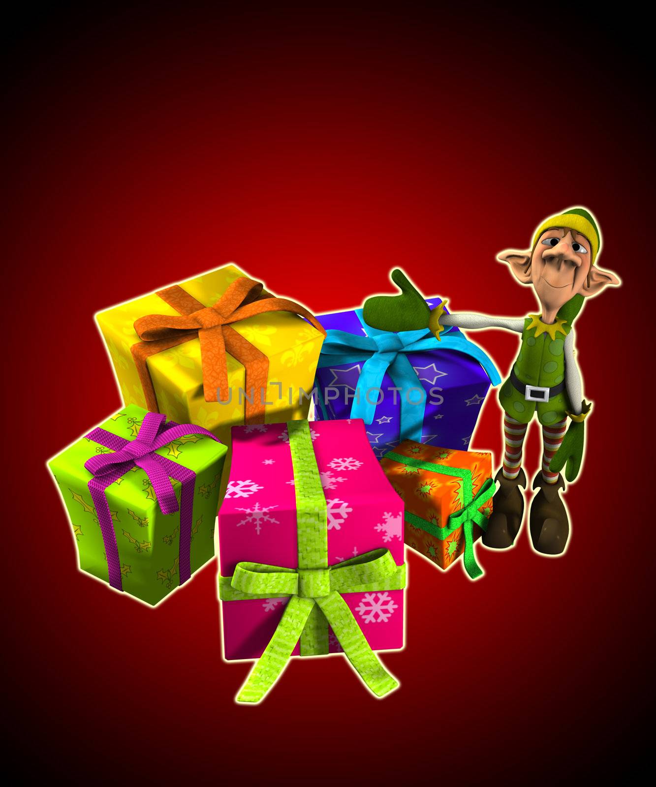 Elf with a lot of Christmas presents.
