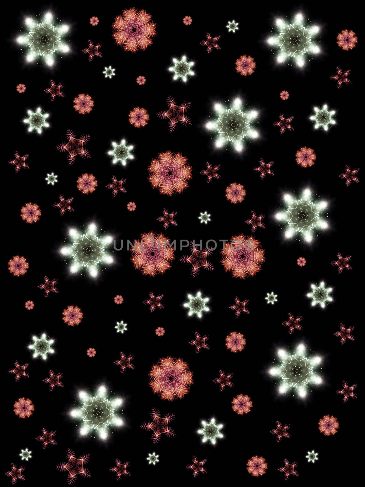 Some snowflakes falling, the snowflakes are made out of fireworks.
