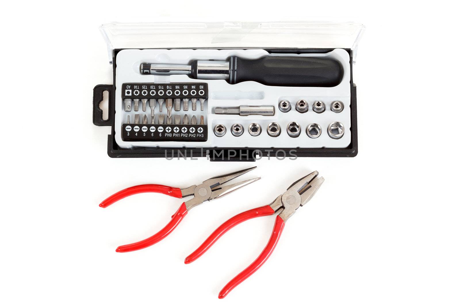 Screwdriver Bit Set on white background with pliers