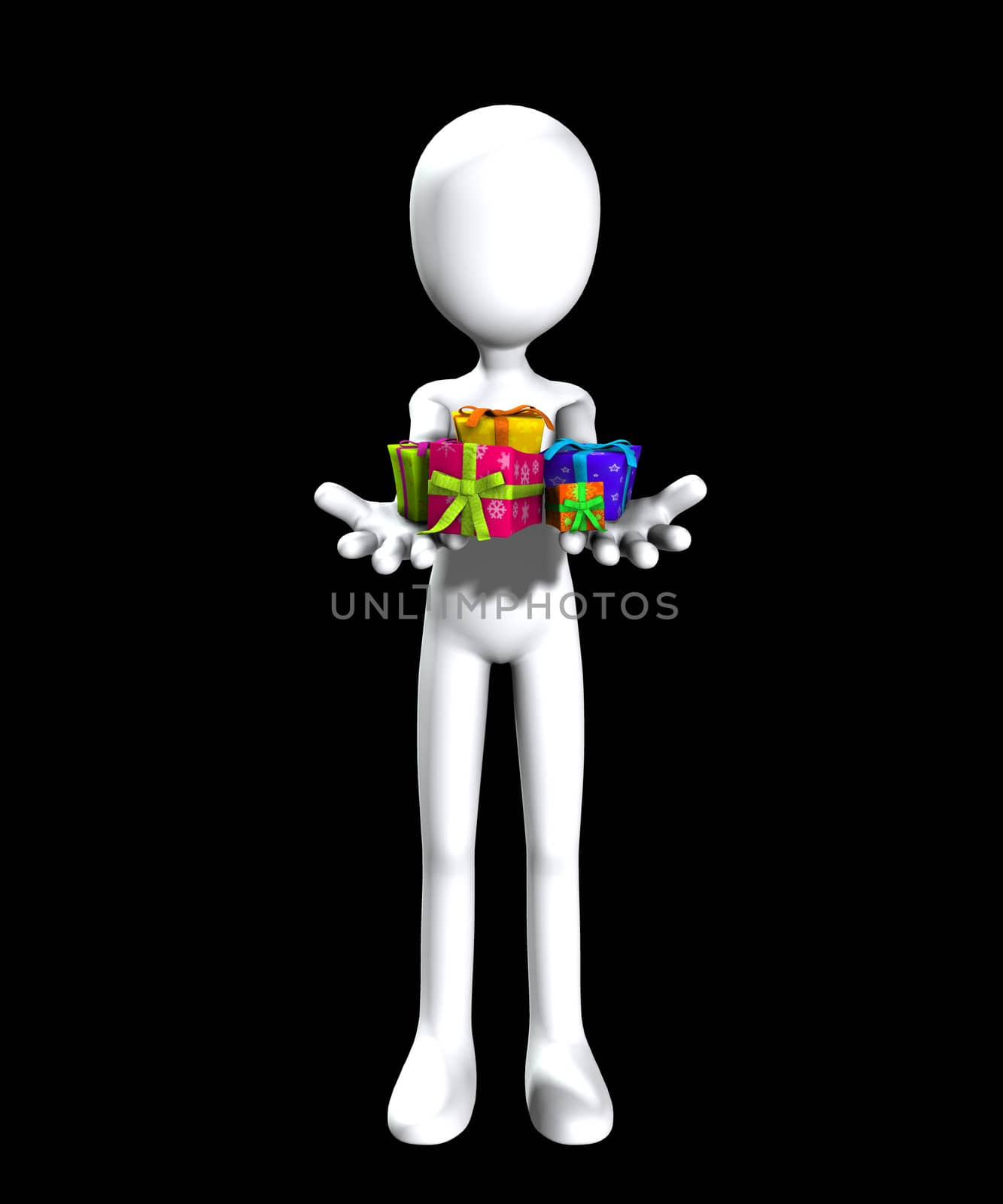 Blank faced figure holding up some Christmas or birthday presents.