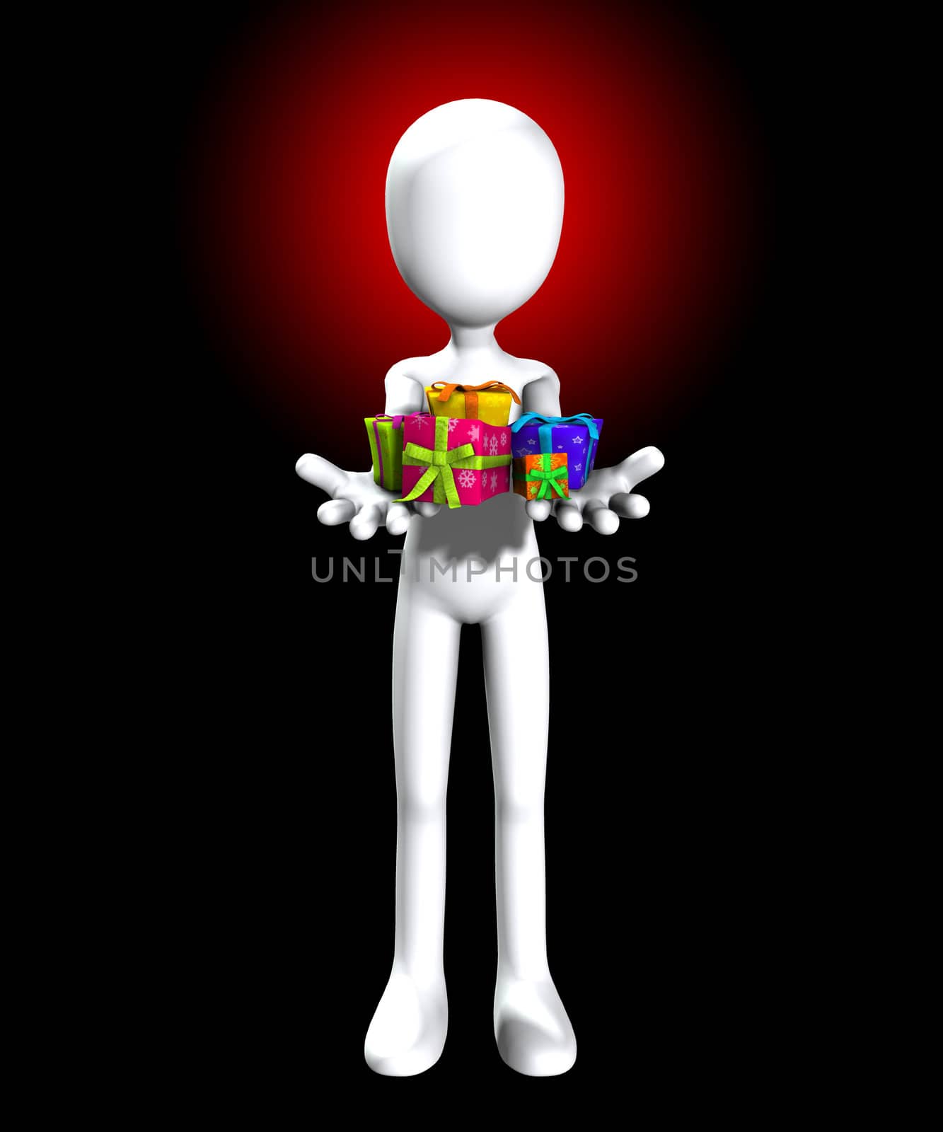 Blank faced figure holding up some Christmas or birthday presents.