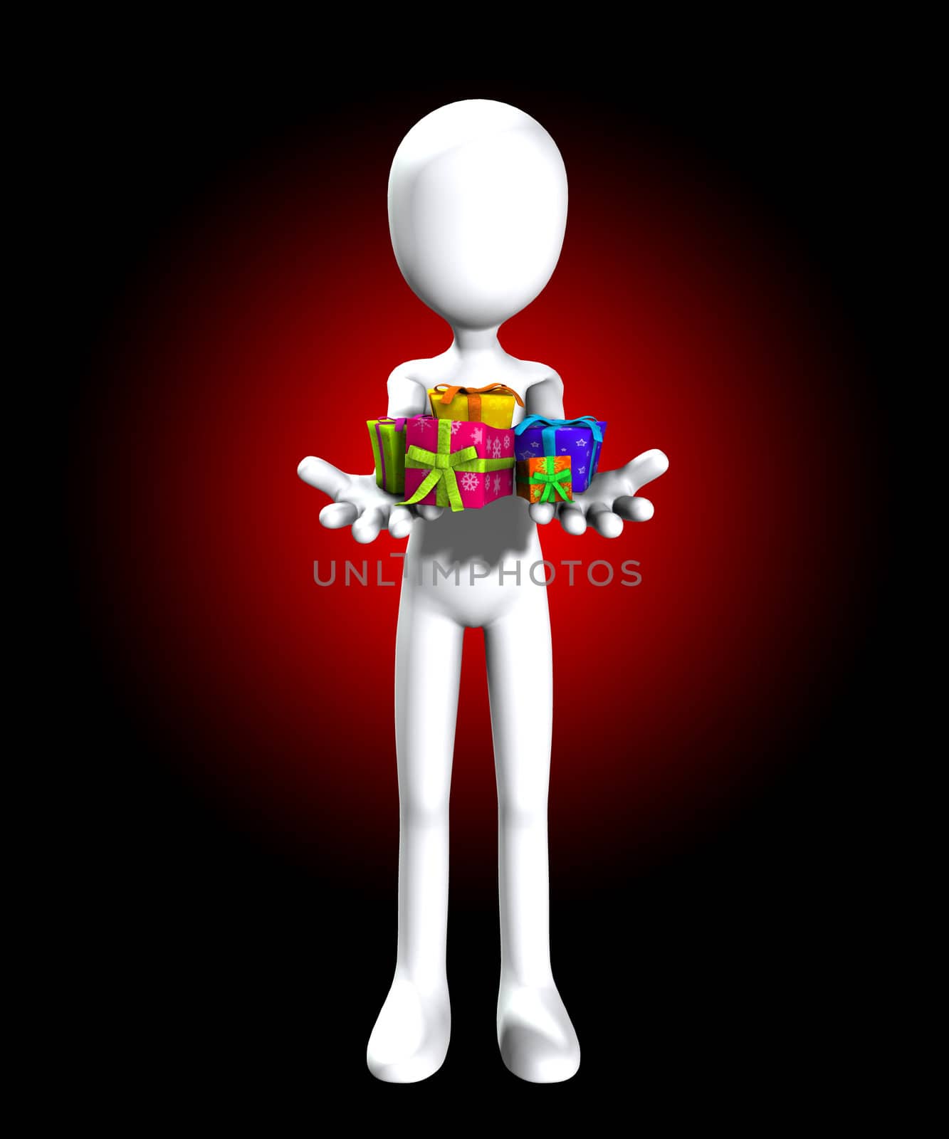 Blank faced figure holding up some Christmas or birthday presents.