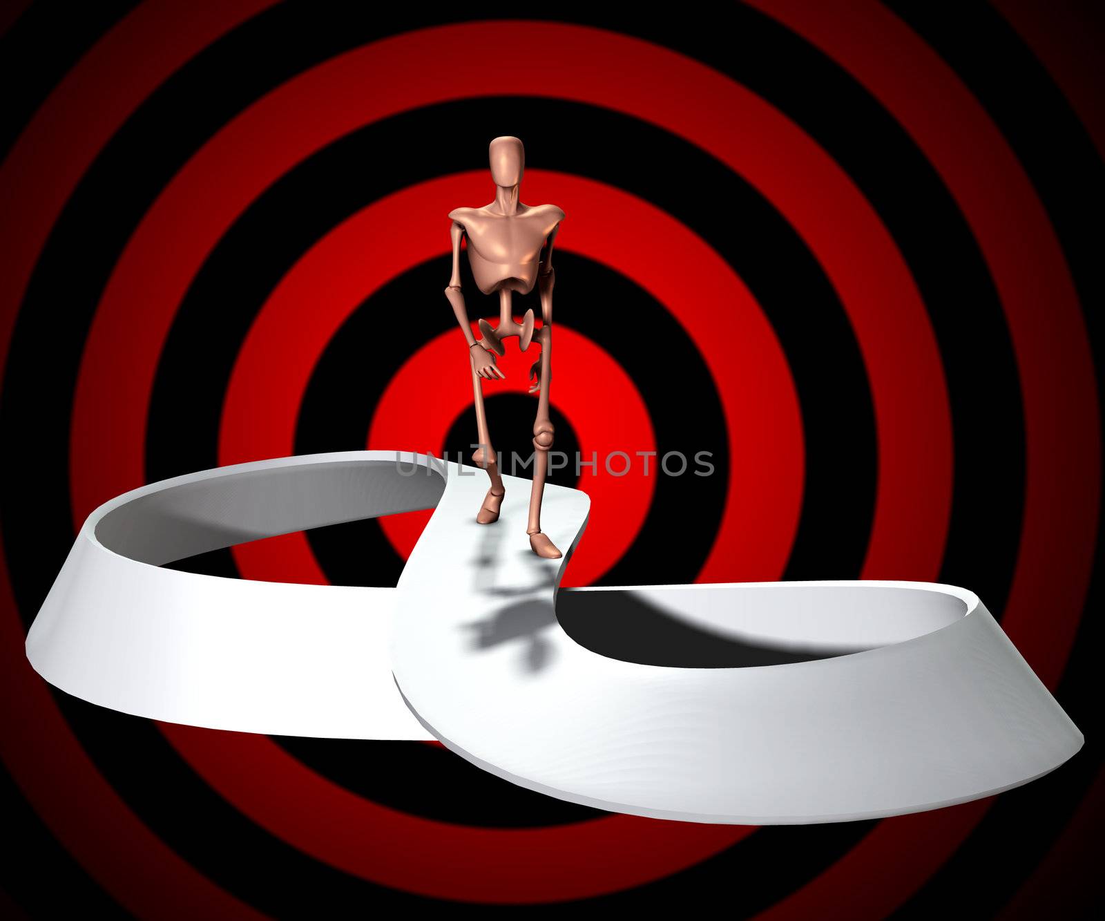 
Conceptual image showing a figure who will forever be walking on a infinite Mobius strip.