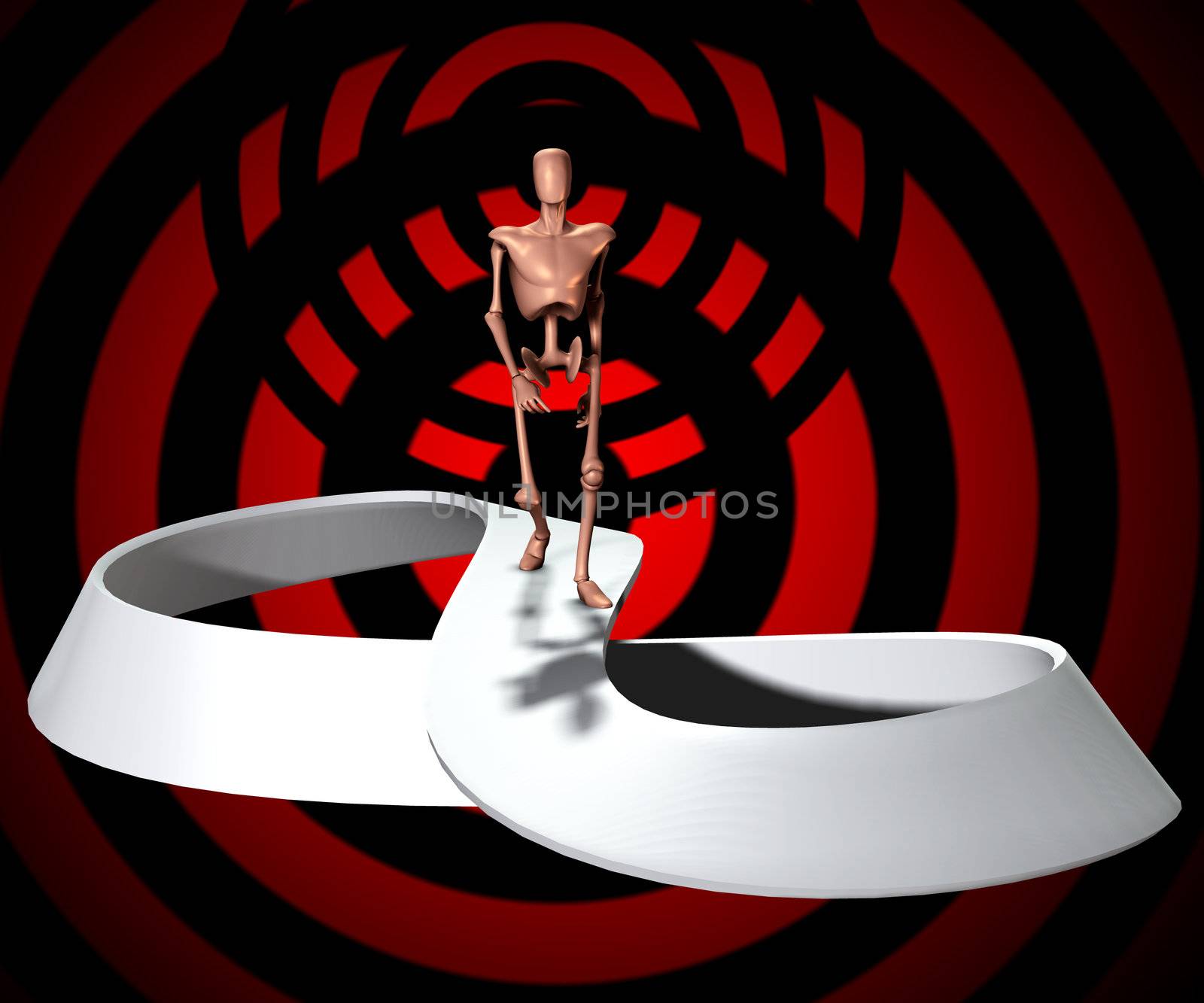 
Conceptual image showing a figure who will forever be walking on a infinite Mobius strip.