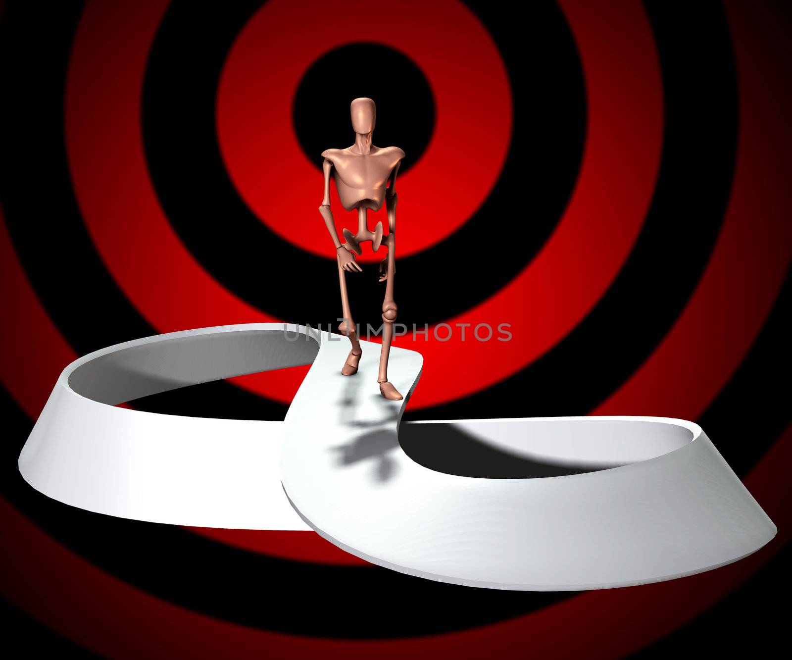 
Conceptual image showing a figure who will forever be walking on a infinite Mobius strip.