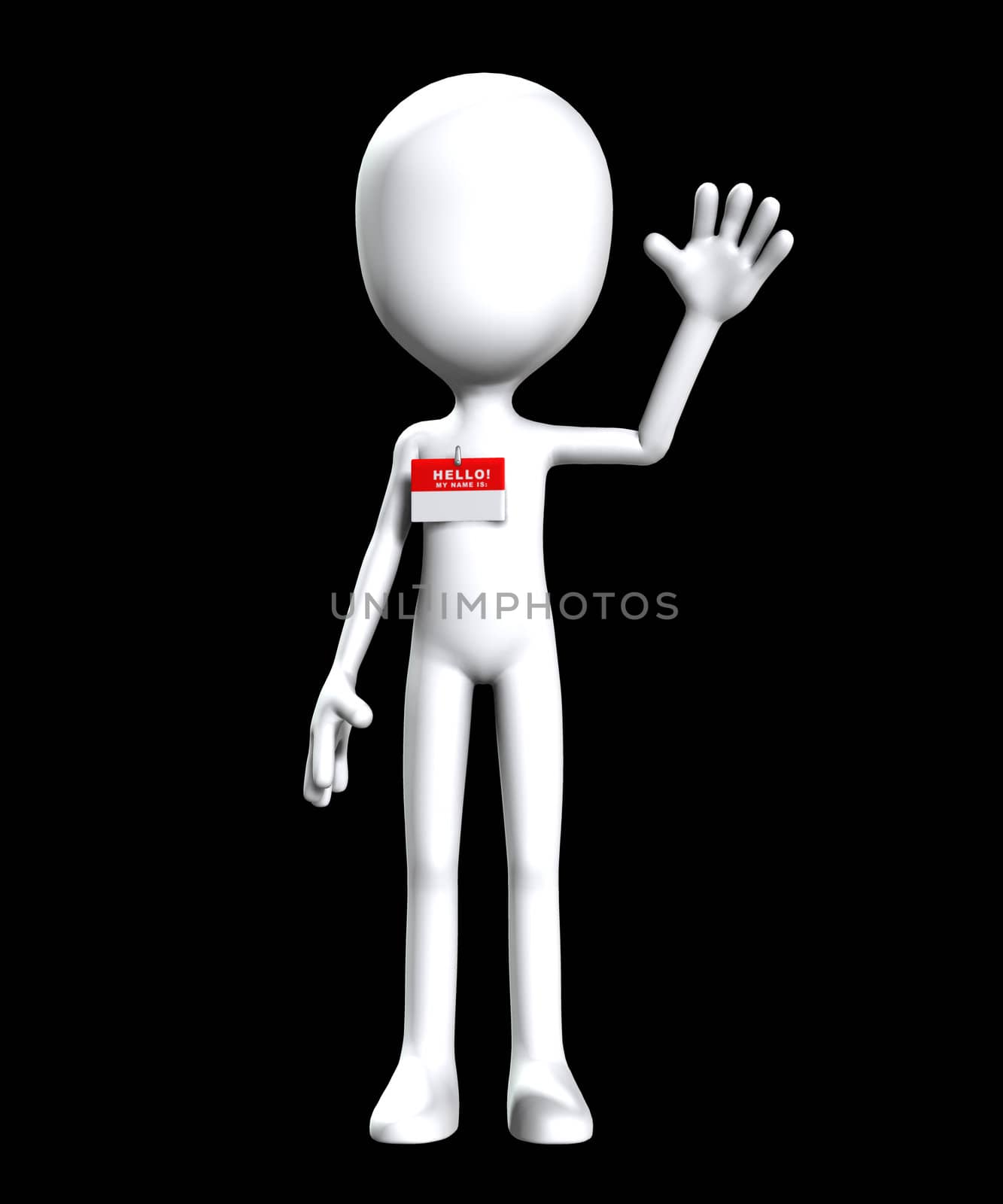 Blank faceless figure with a Hello my name is badge.
