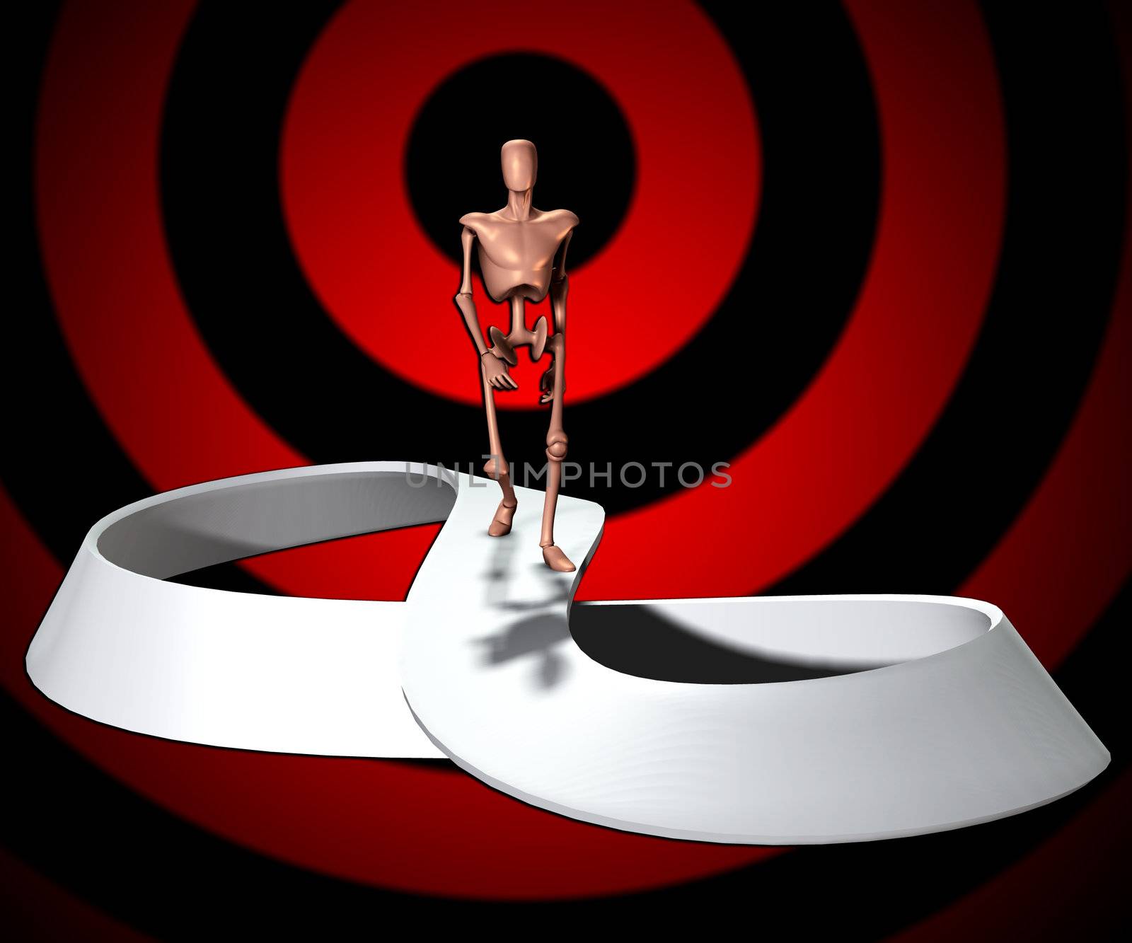 
Conceptual image showing a figure who will forever be walking on a infinite Mobius strip.