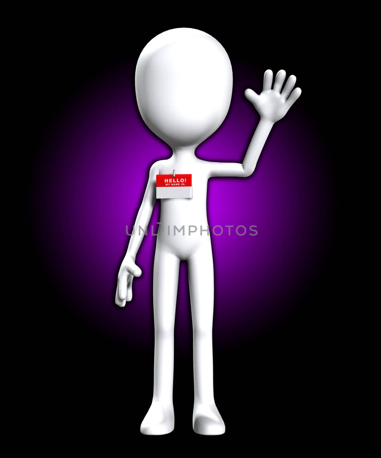 Blank faceless figure with a Hello my name is badge.

