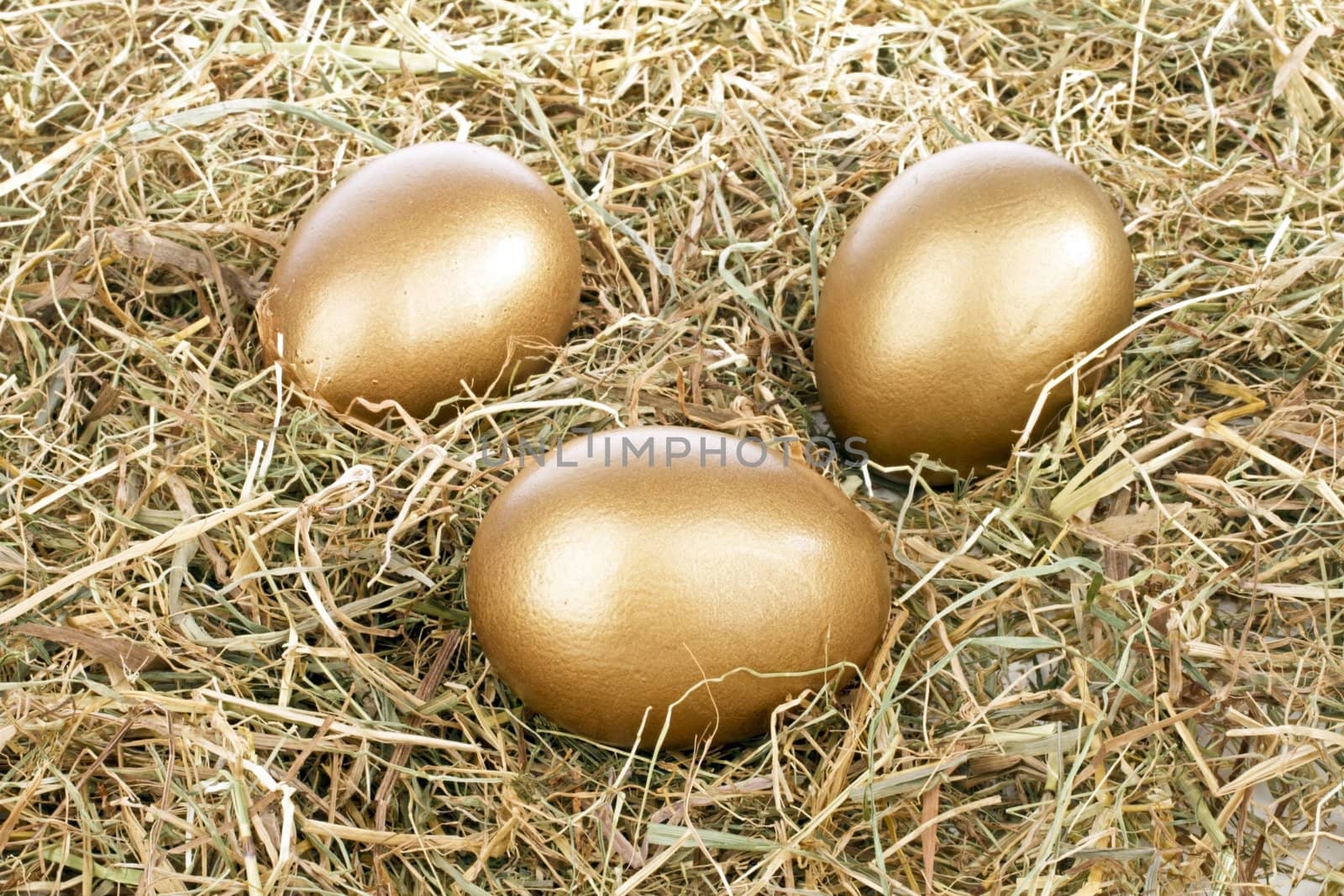 Three golden eggs in straw