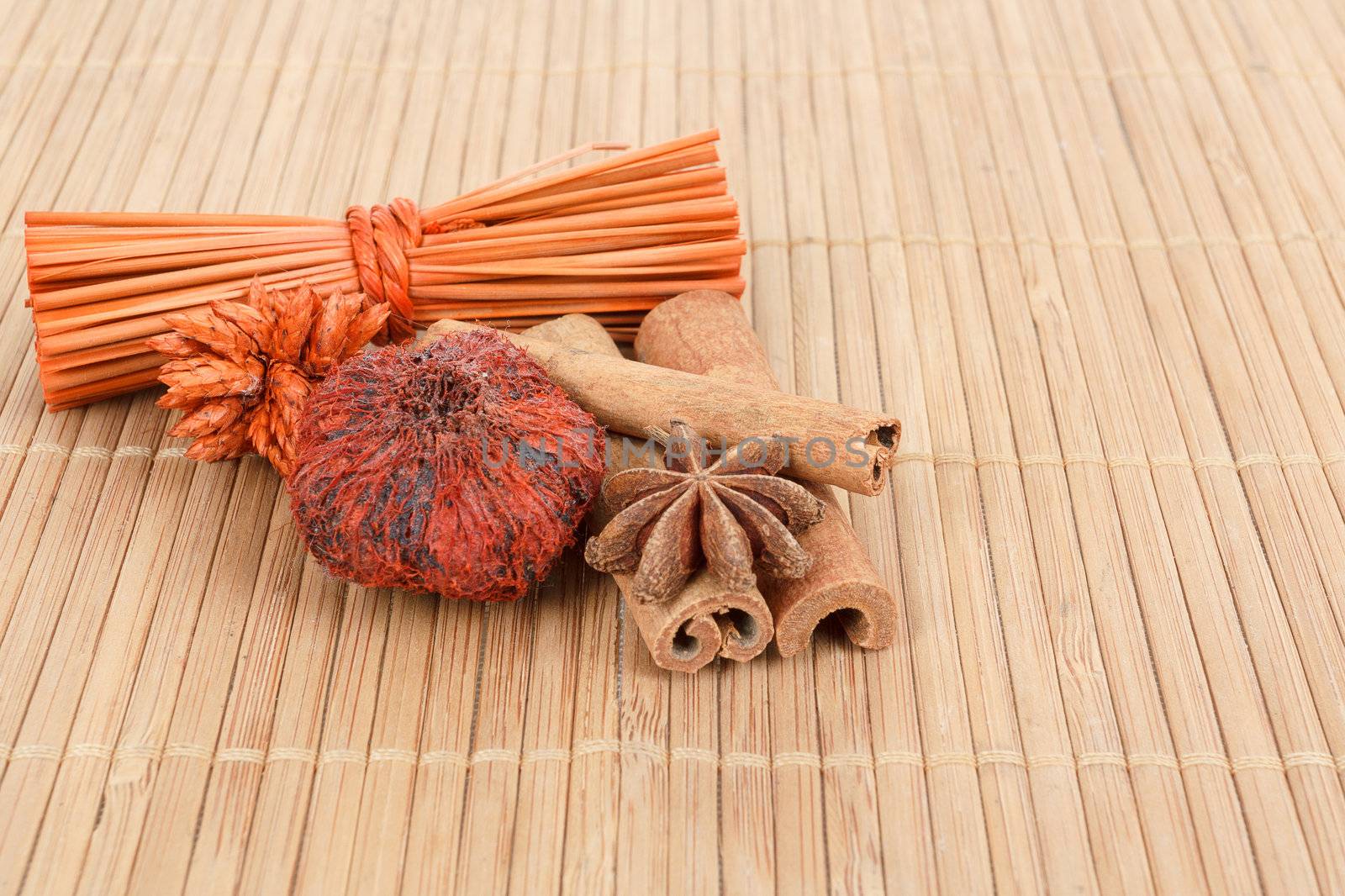 spice Star Anise and cinnamon on wooden background 