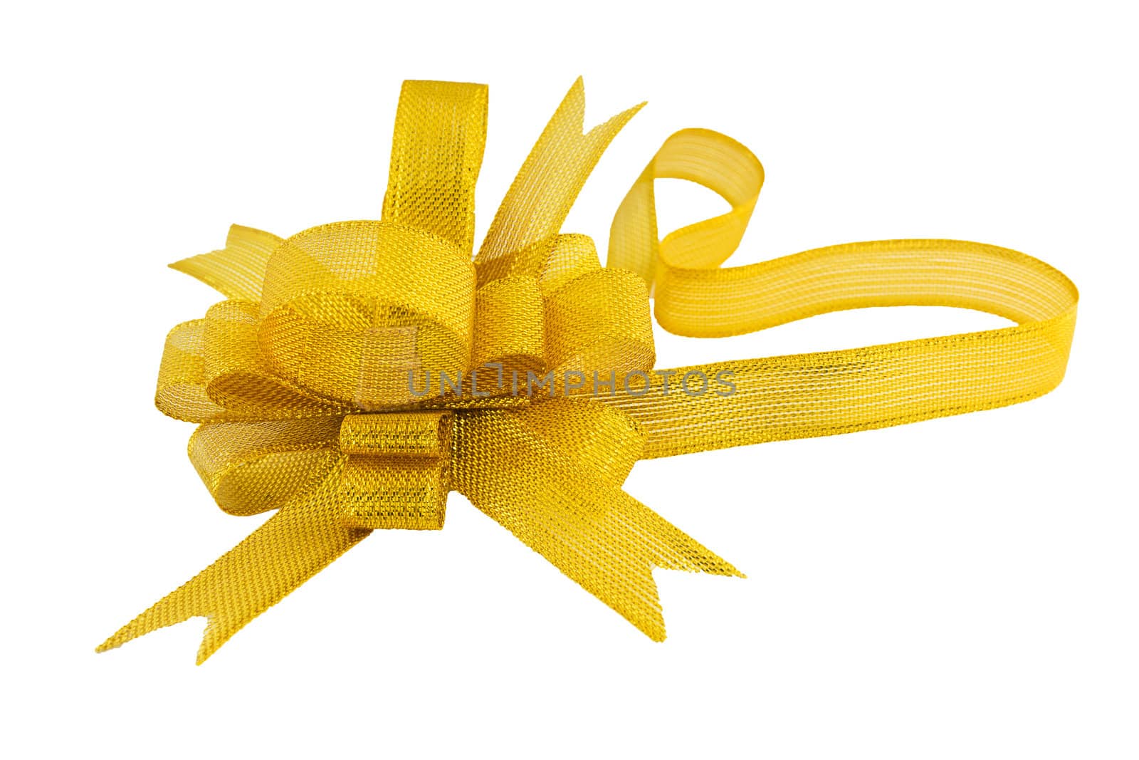 Golden gift bow. Ribbon on white background