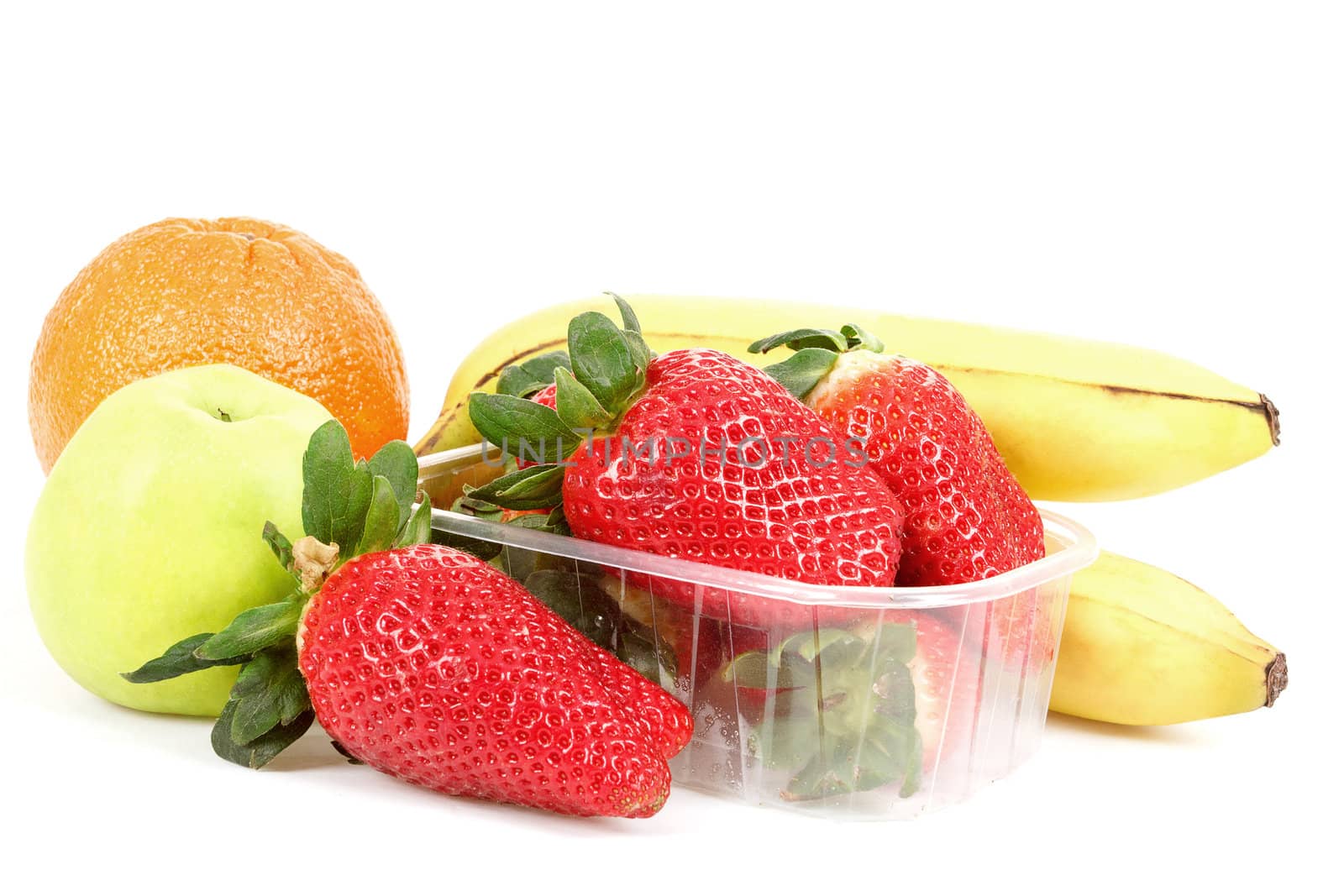 fresh diet fruit, apple, orange, banana and strawberry on white