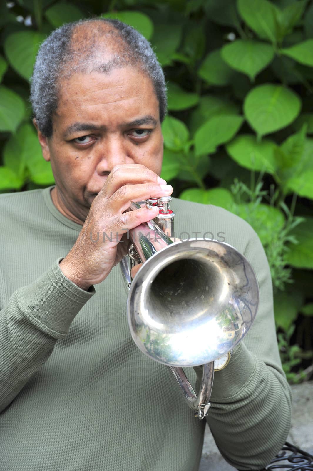 African american male jazz musician with his flugelhorn.