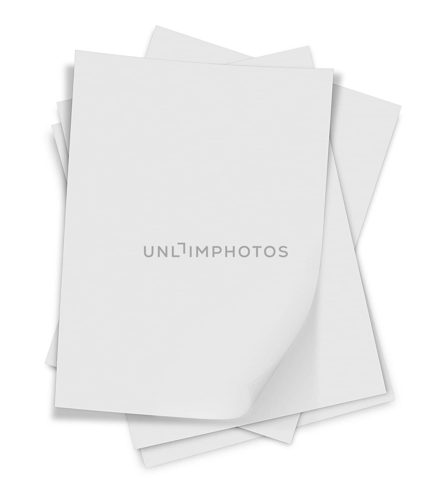 close up of stack of papers with curl on white background