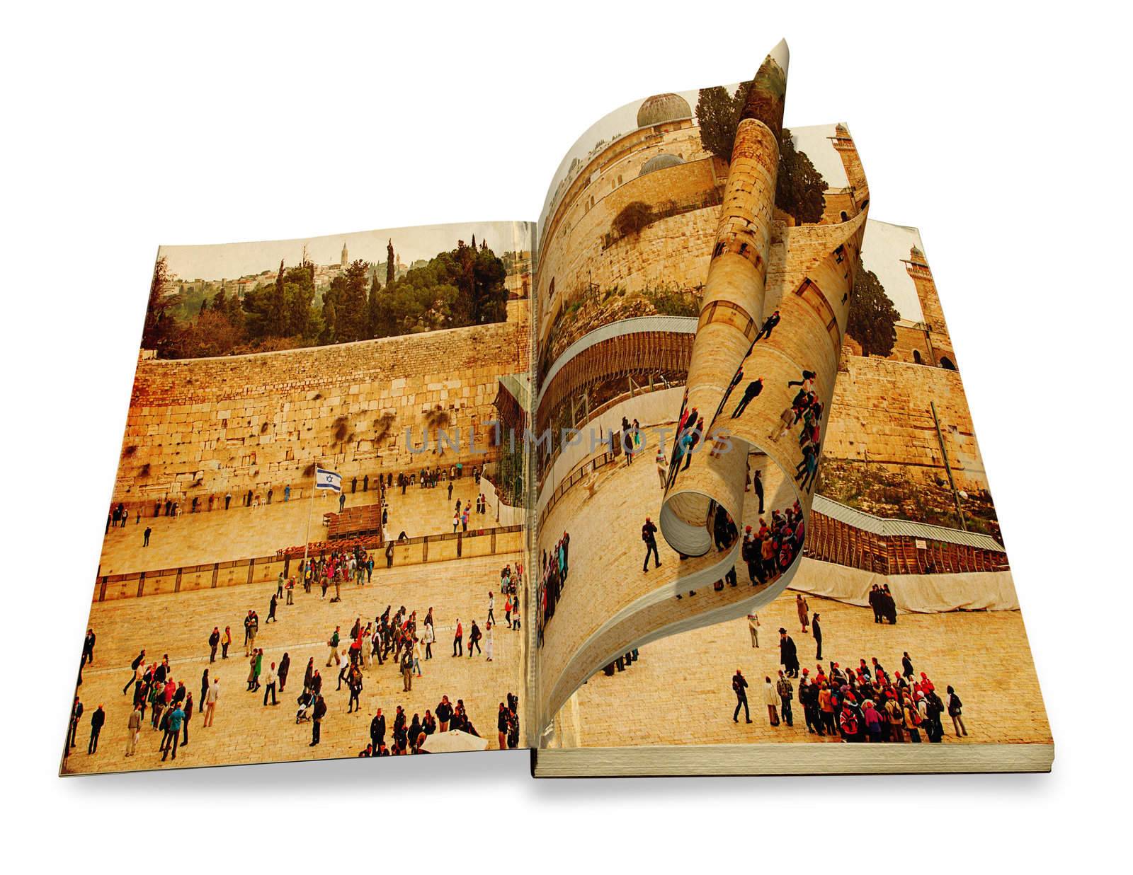 An opened old book with curl a picture Western Wall,Temple Mount, Jerusalem, Israel. Photo in old color image style on white background
