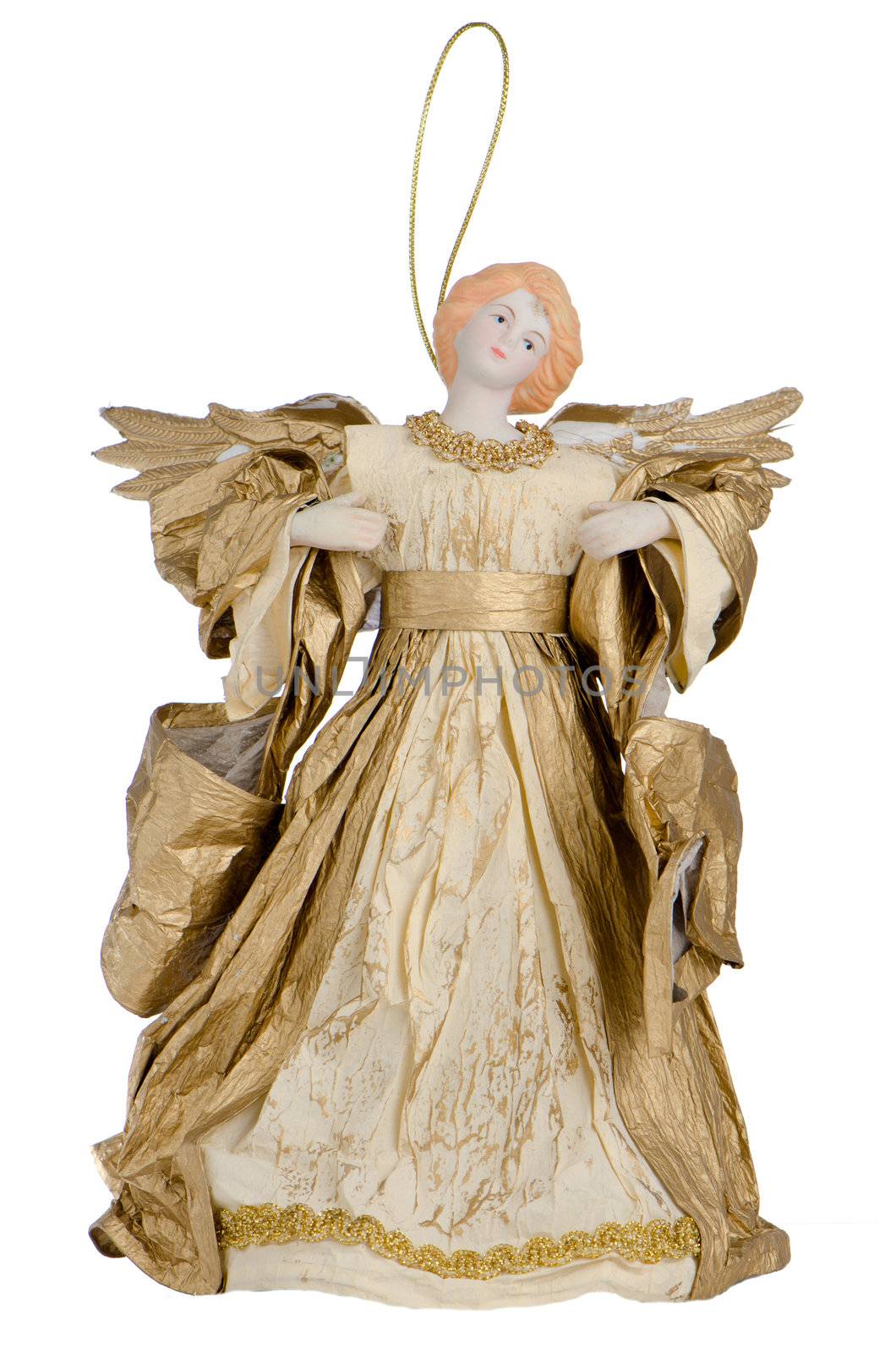 Angel paper statue of an gold angel isolated on white background.