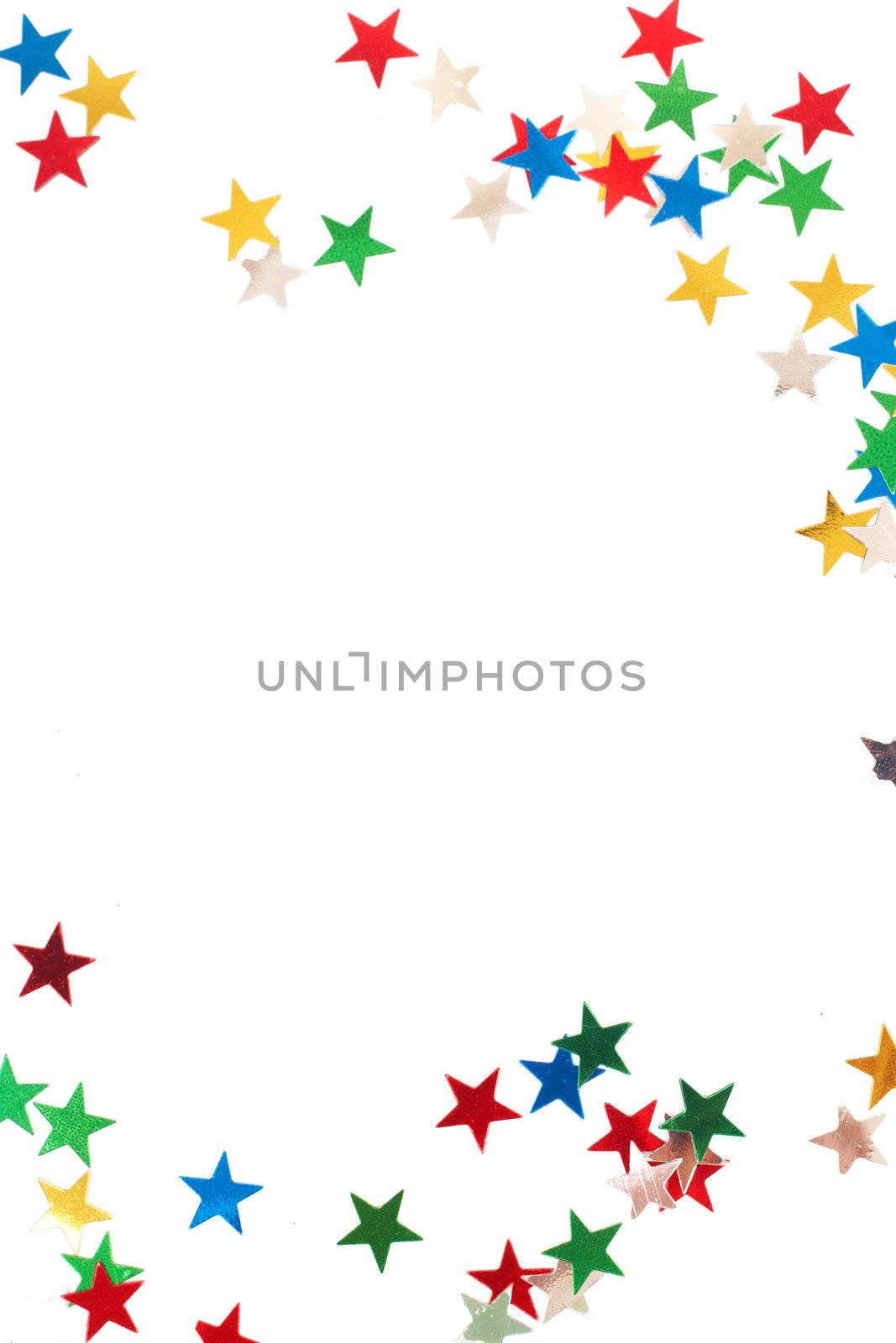 Colorful Christmas stars isolated on white background with copy space. 