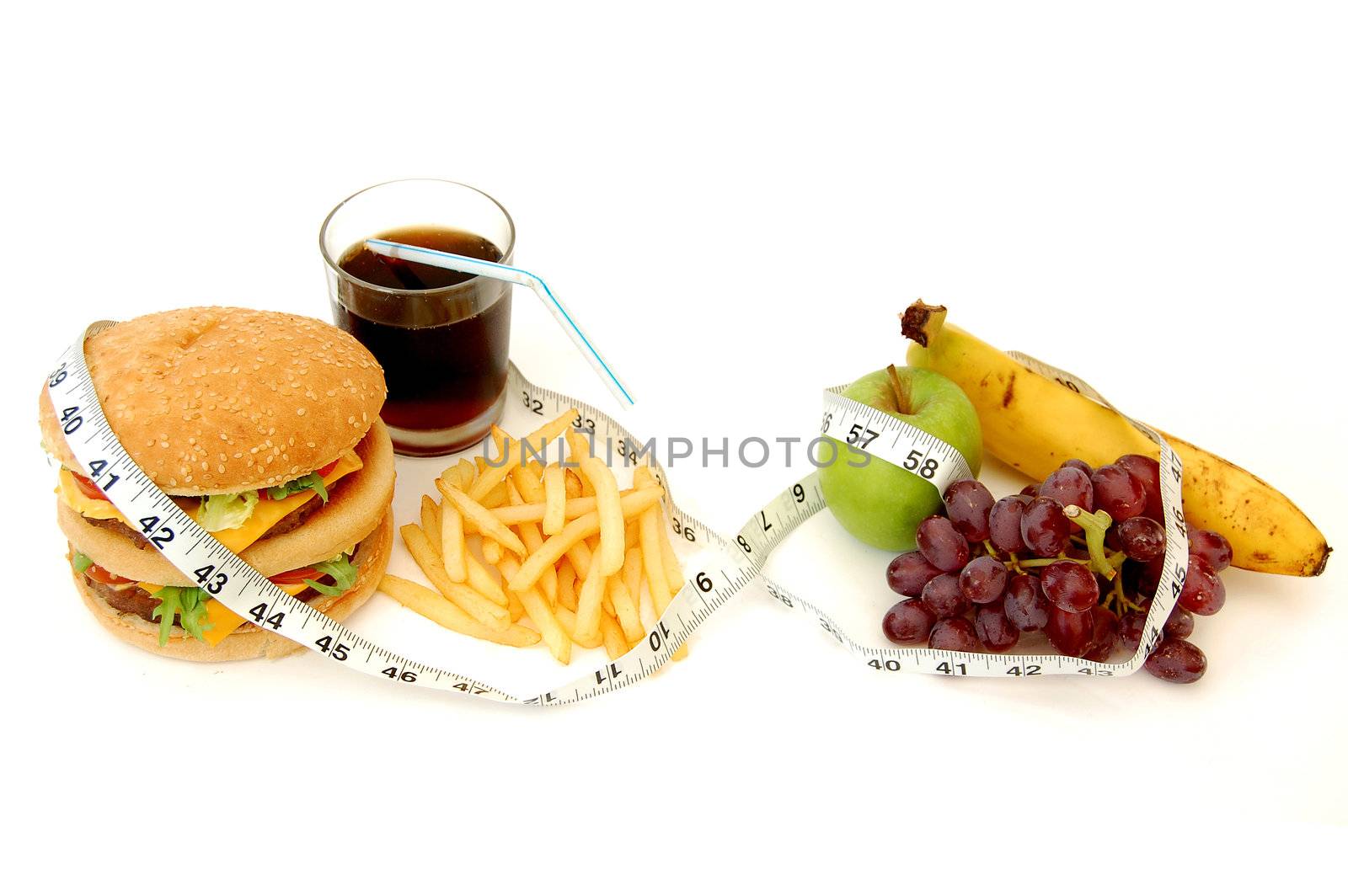 Tape measure wrapped around unhealthy and healthy food options