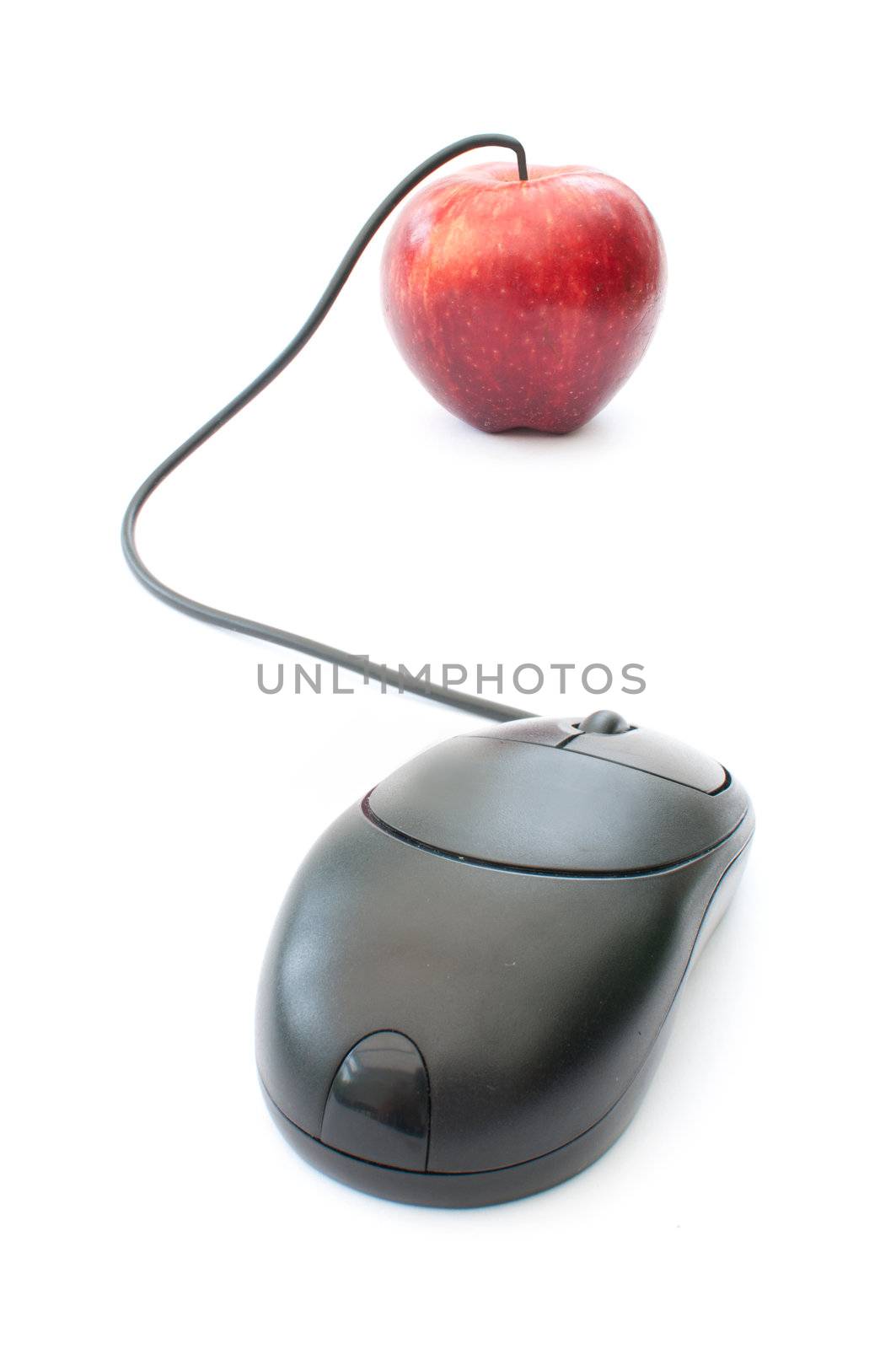 Computer cable attached to a red apple 