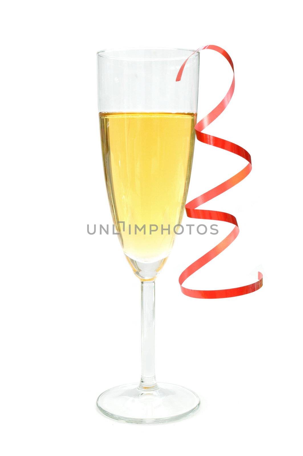 Champagne glass with decorative red ribbon 