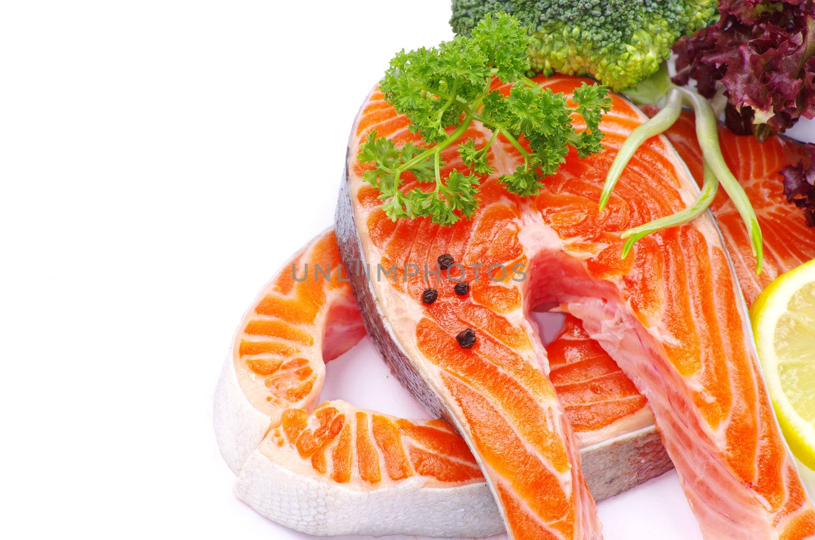 raw salmon and spices isolated
