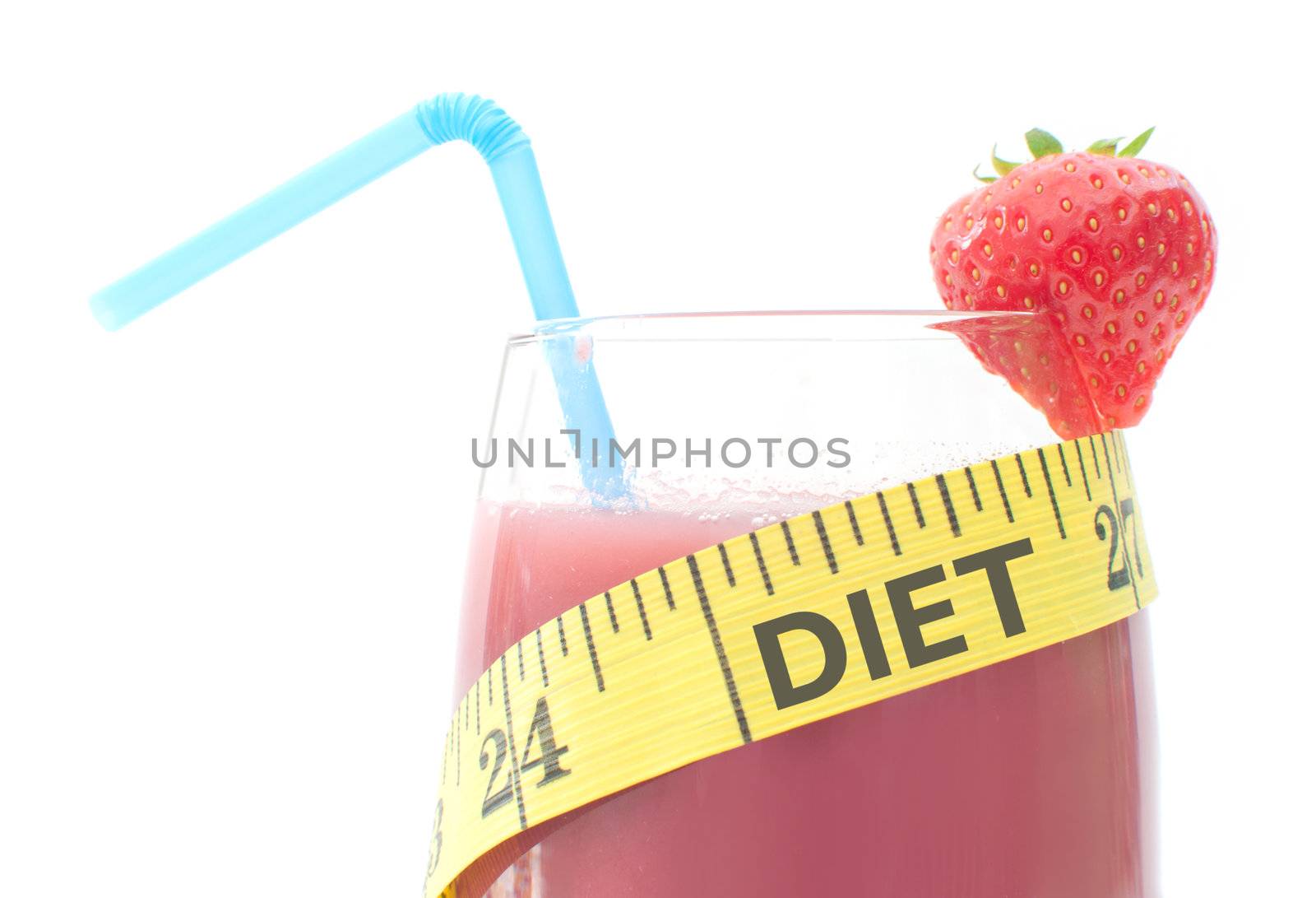 The word diet inscribed on a measuring tape wrapped around a healthy smoothie