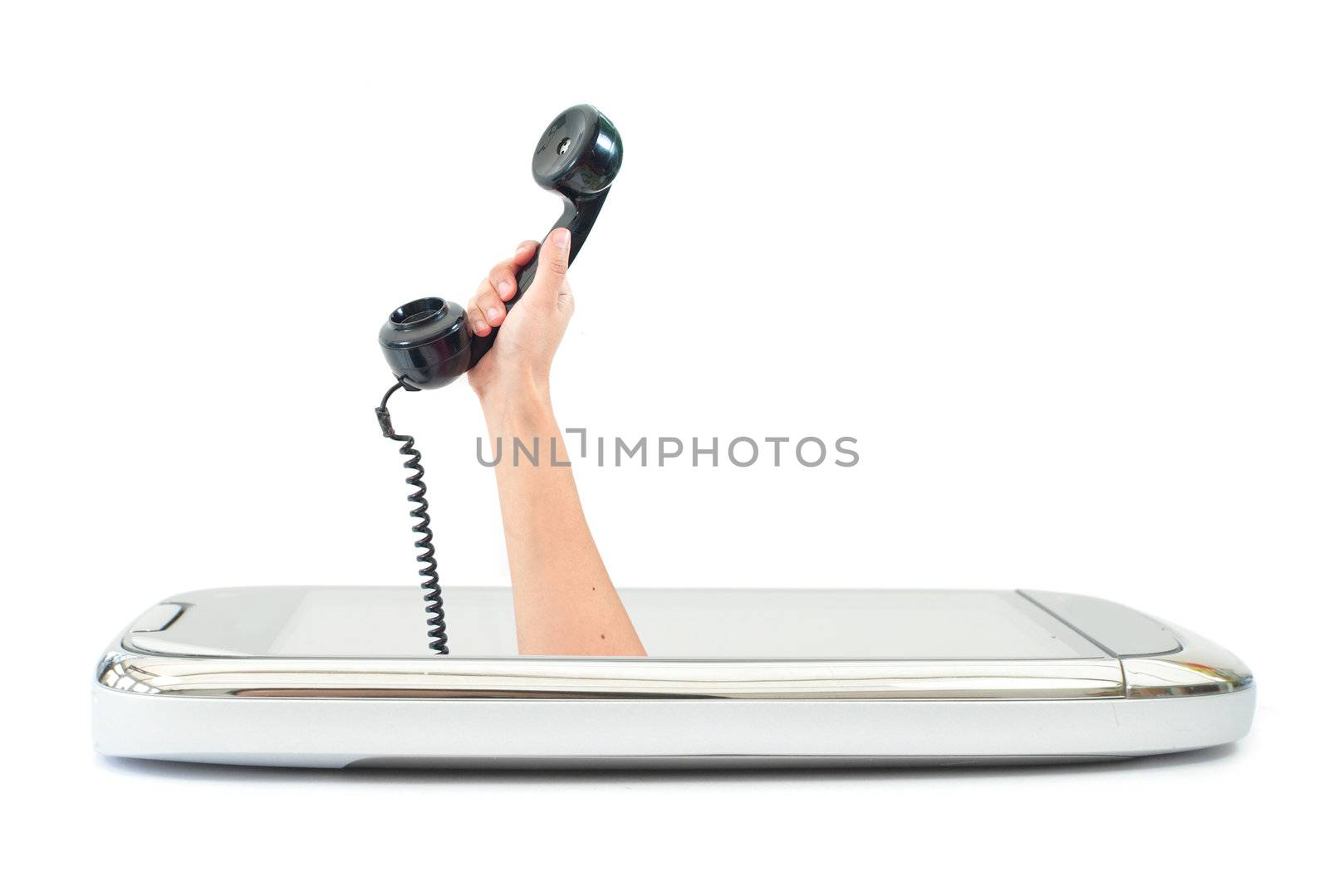 Hand holding a telephone receiver from a mobile cell phone