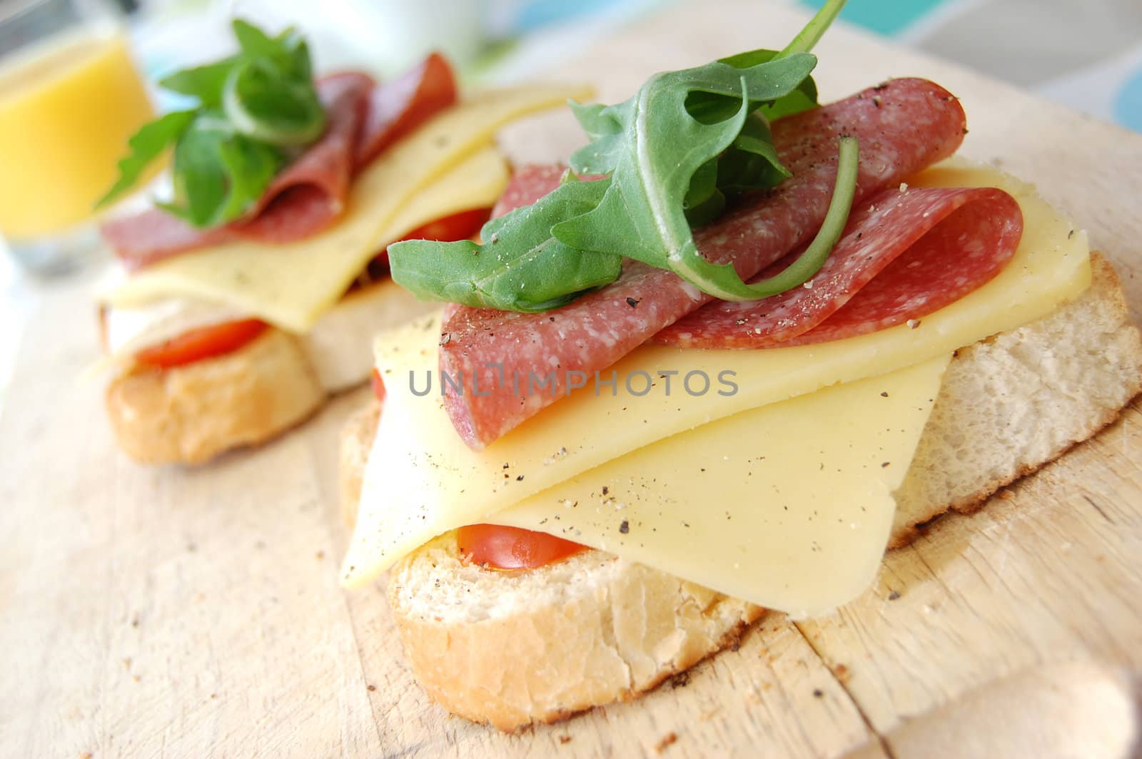 Delicious cheese and salami on toasted bread