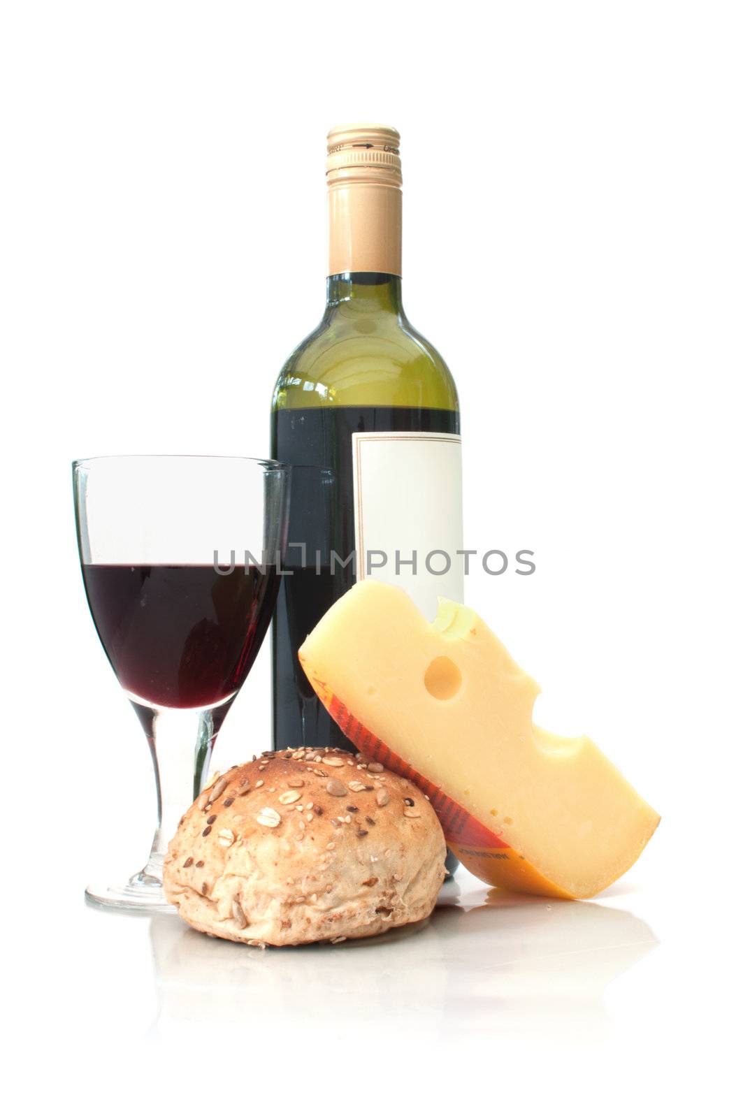 Glass of red wine with cheese and bread 