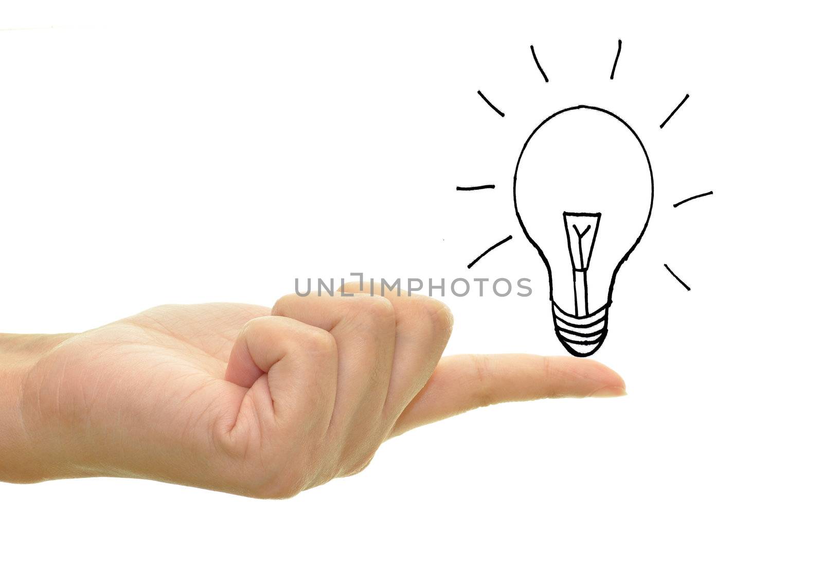 Drawn bulb hovering over a finger 