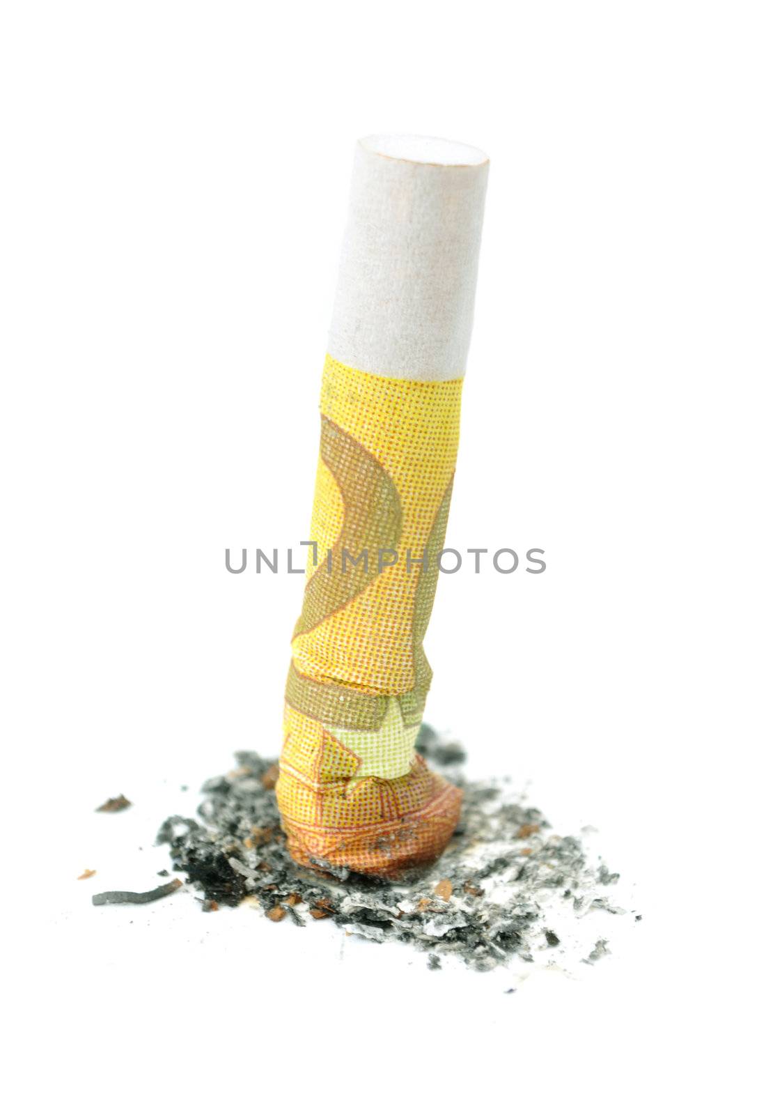 Extinguished cigarette made with a 200 euro banknote