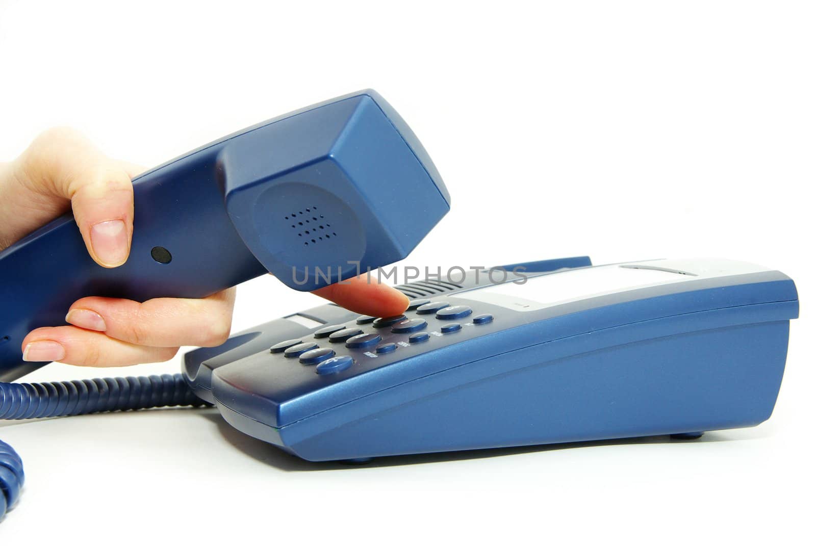 finger with  blue telephone keypad