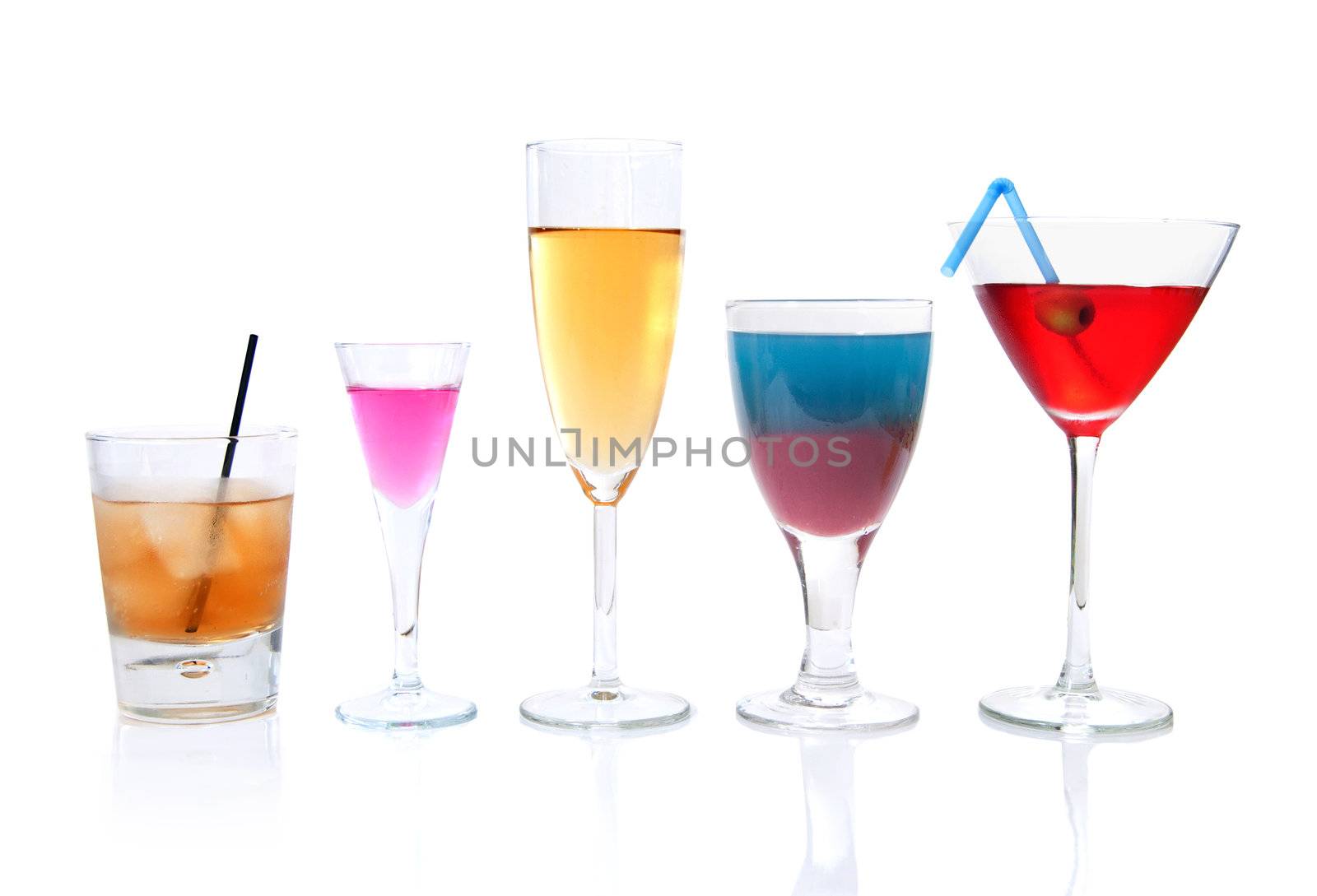 Different types of cocktails drinks and champagne 