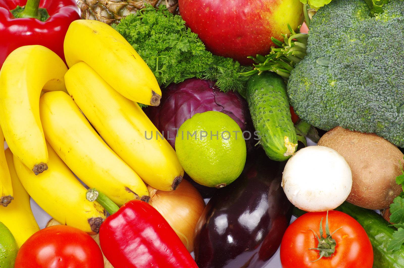 Fresh fruits and vegetables isolated on white