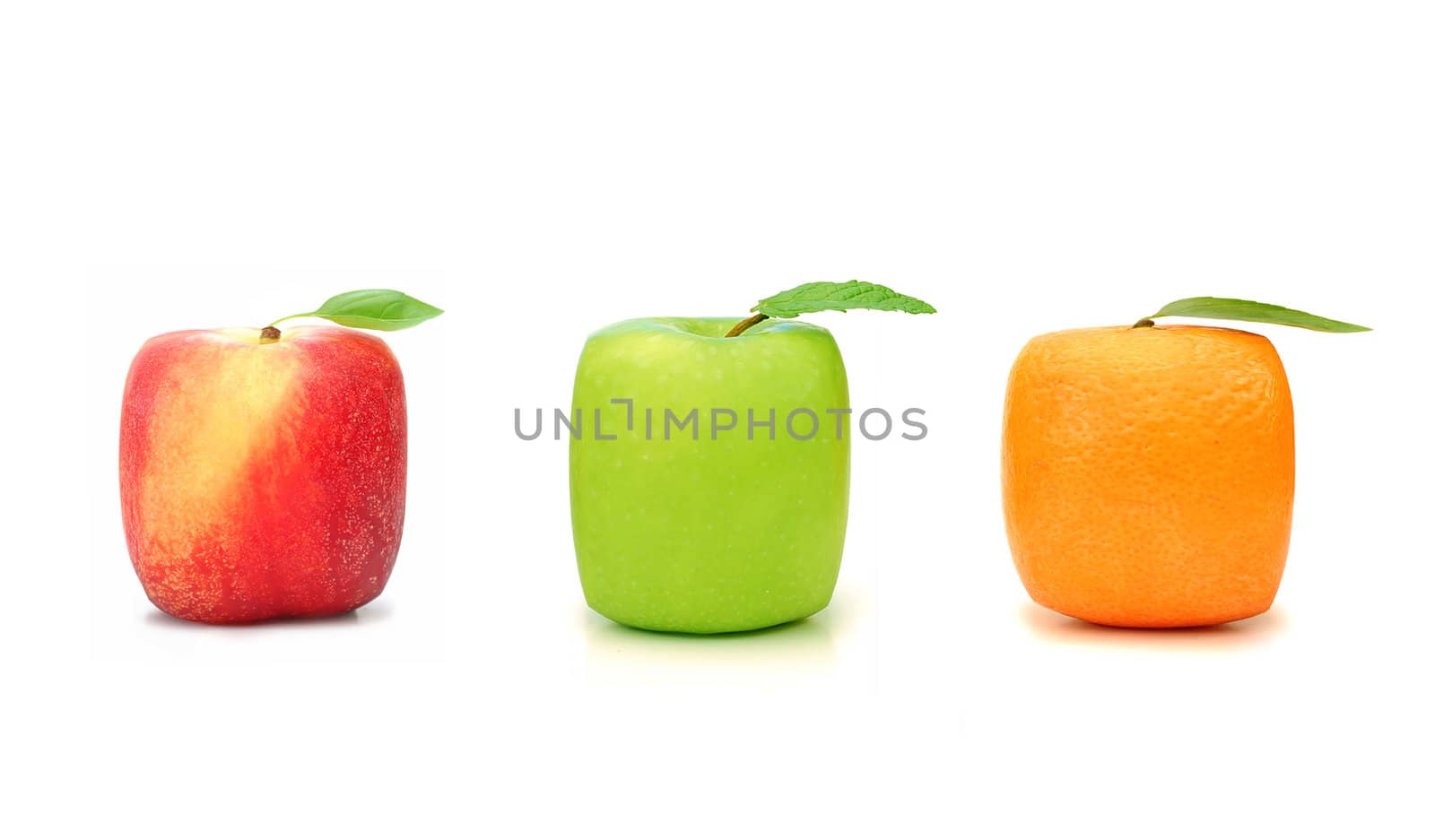 Square orange, apple and peach isolated on a white background