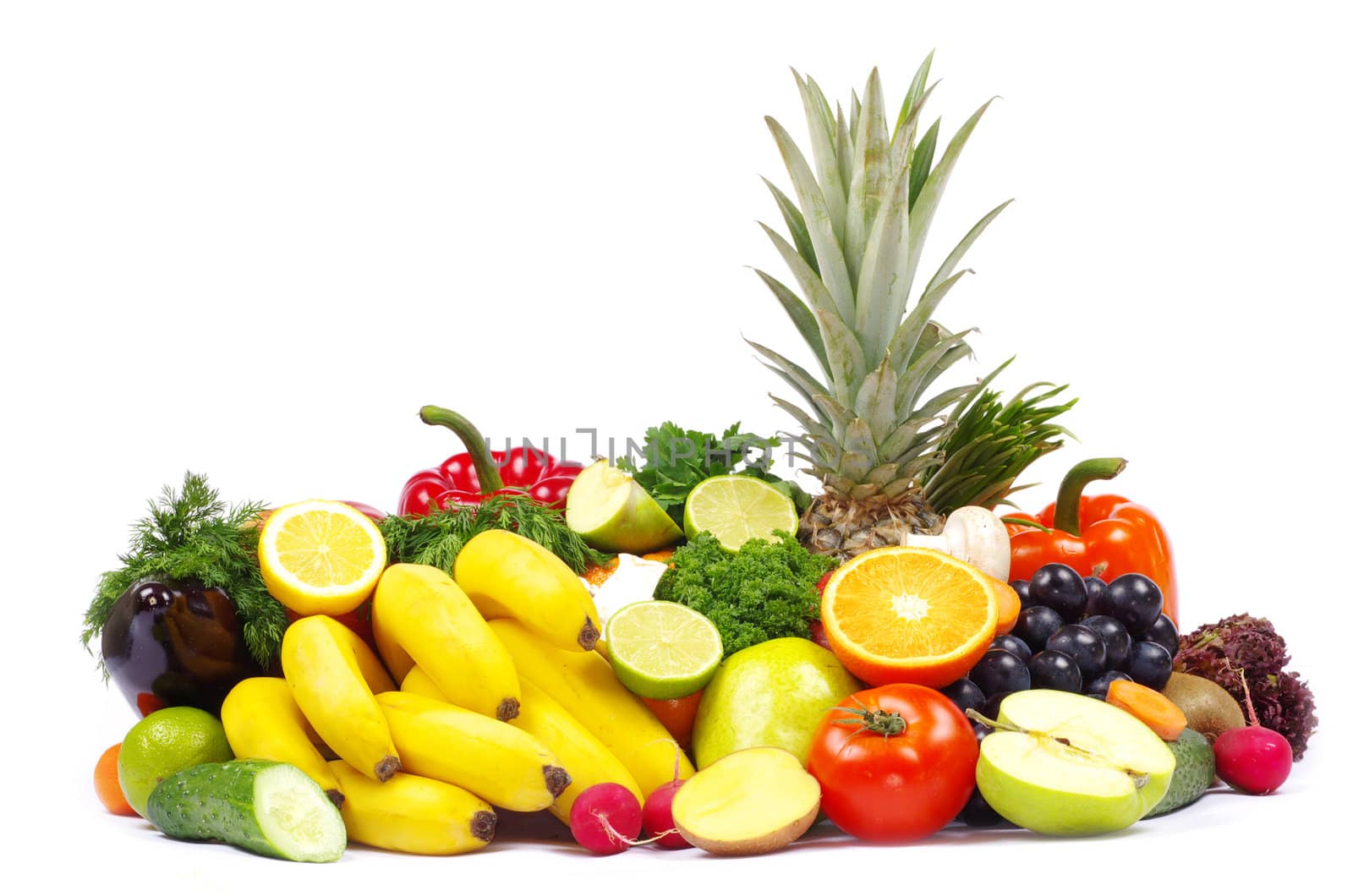 Fresh vegetables and fruits on white