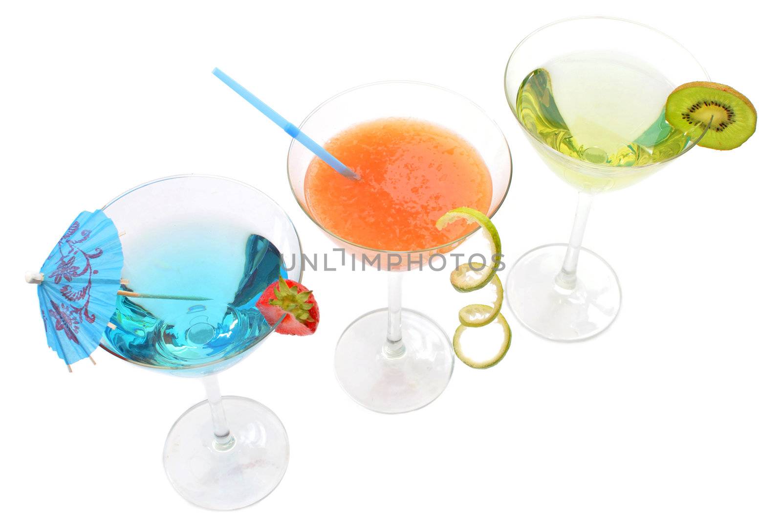 Three different flavoured cocktails isolated on a white background   