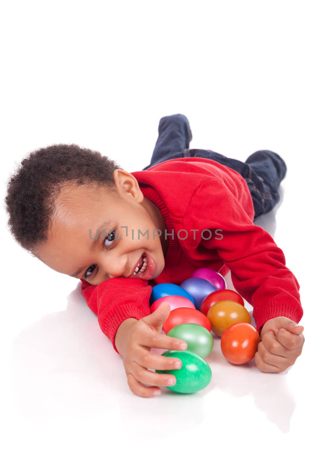 boy with easter eggs, isolated on white