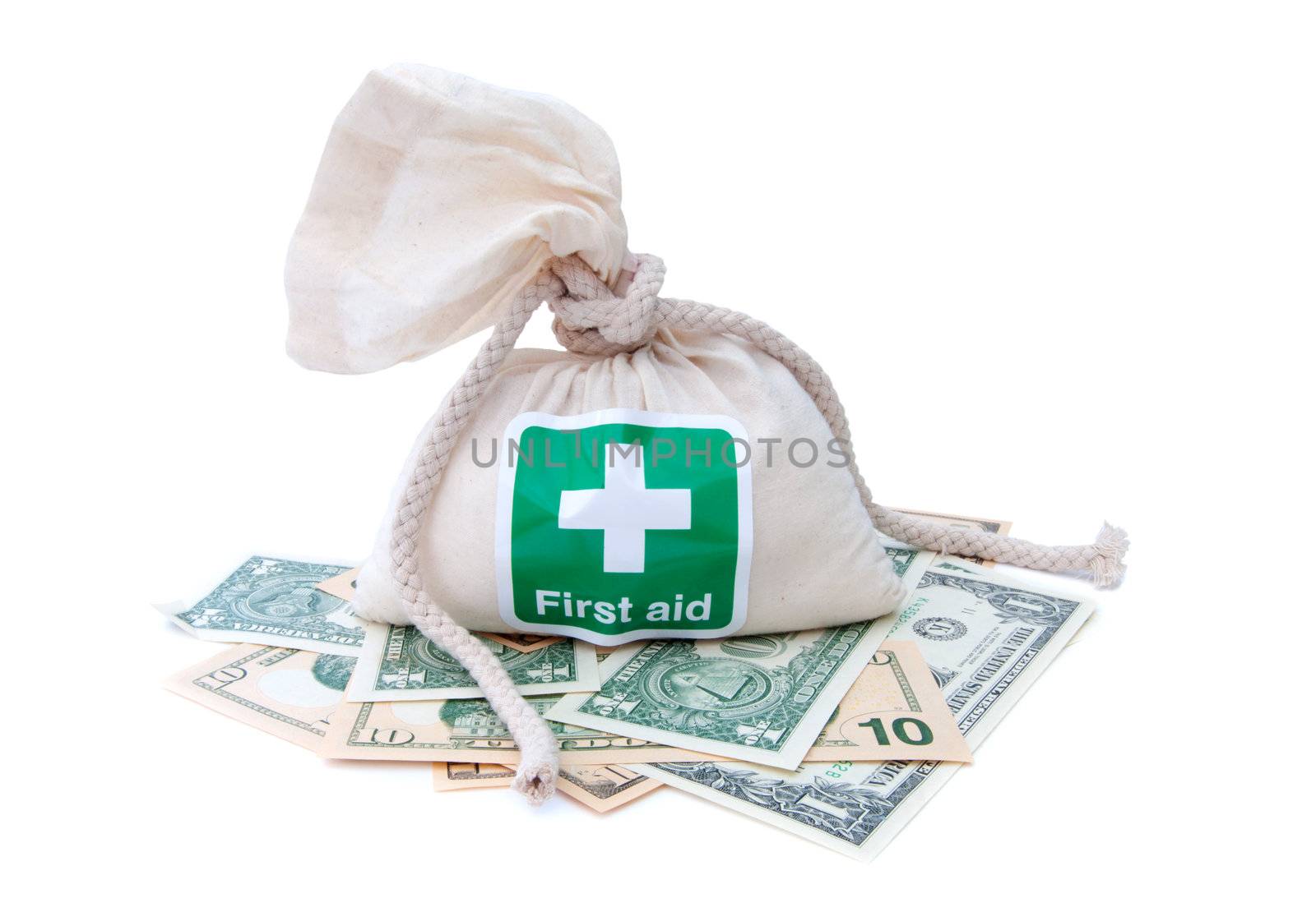 Sack full of money labeled with a first aid sticker 