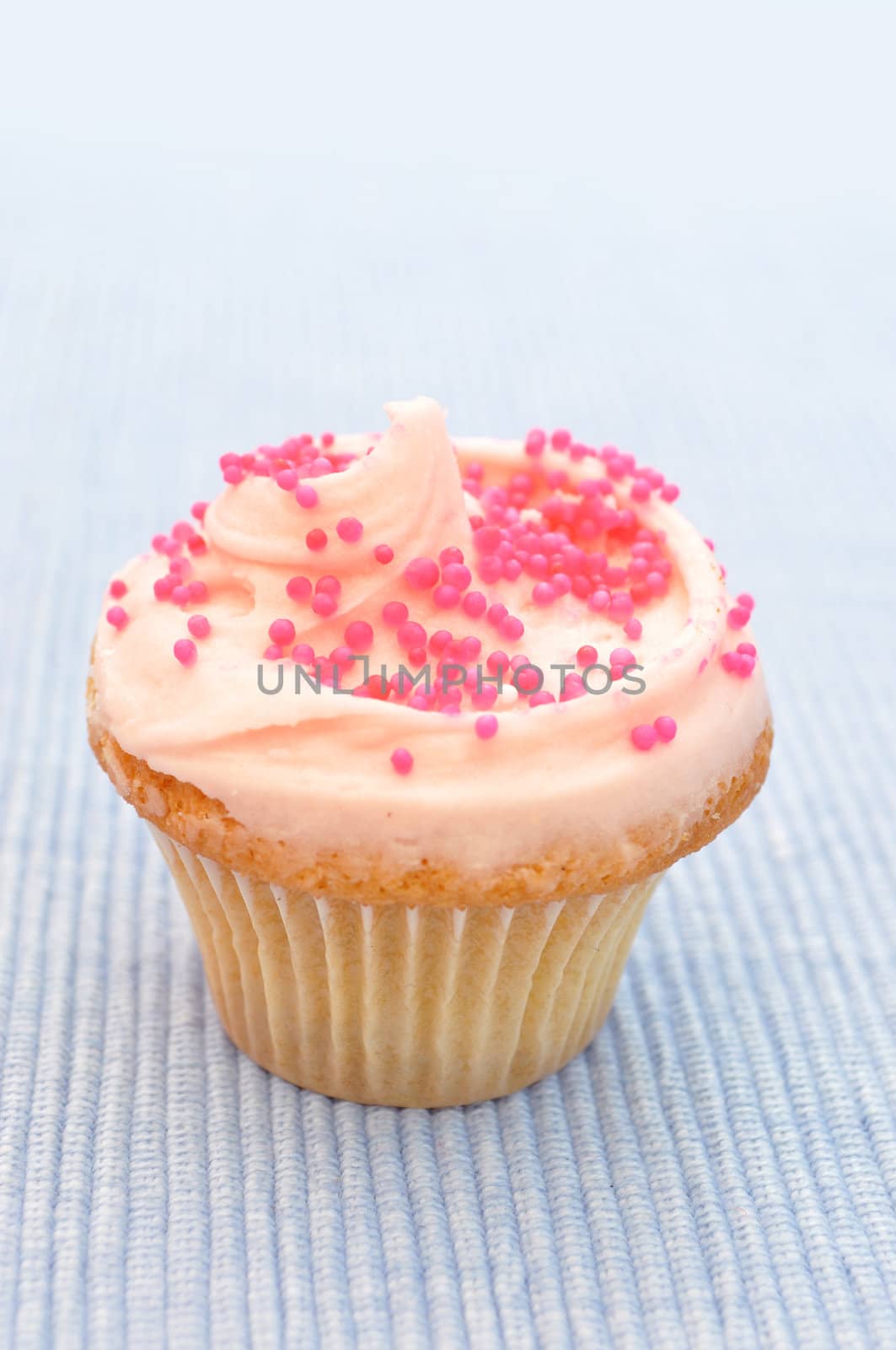 Creamy pink cupcake on a blue tablecloth