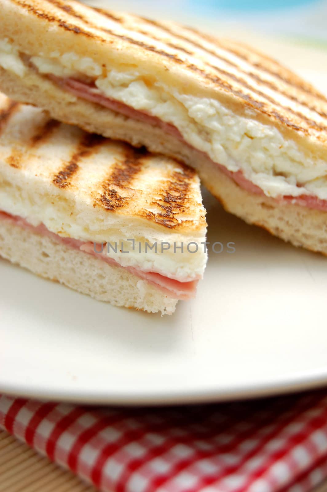 Grilled sandwich with melted feta cheese and ham