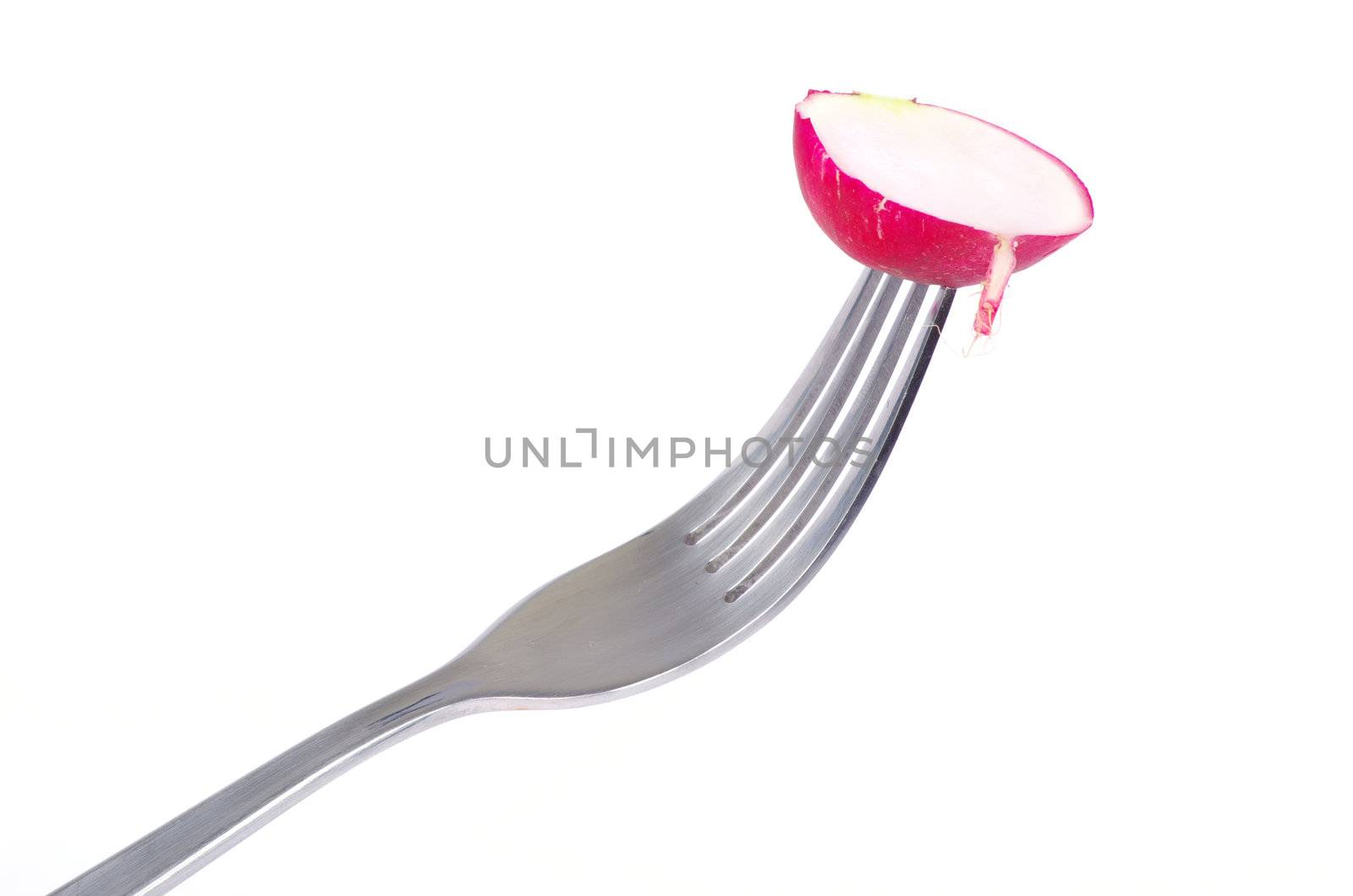 Radish on a fork isolated on white