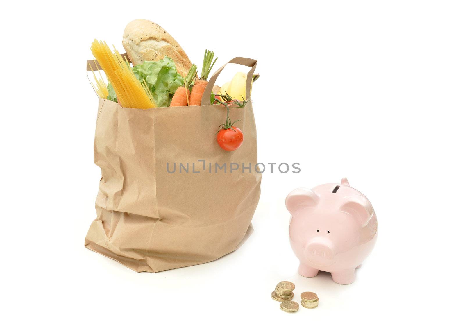 Bag packed with fruit, vegetables and bread 