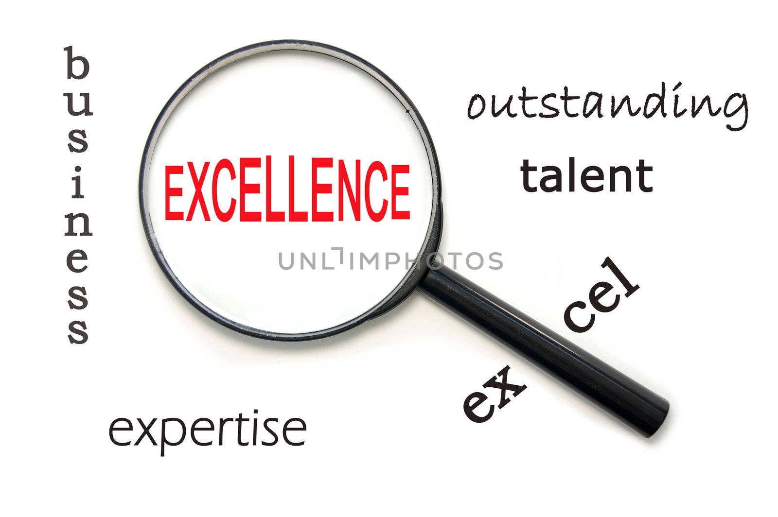 Magnifying glass focusing on the word excellence